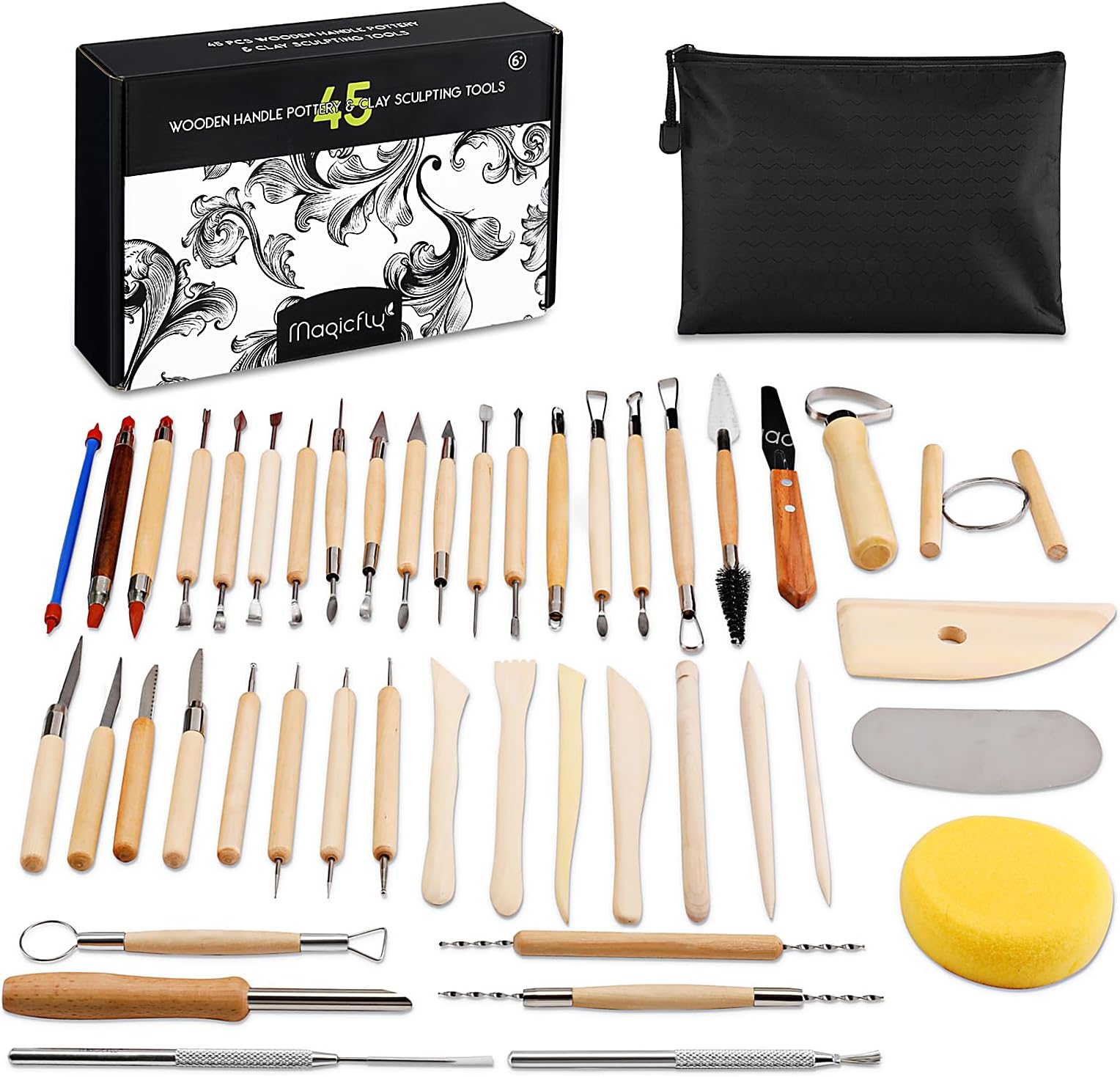 Magicfly 45PCS Clay Sculpting Tools, Ceramic Tools Polymer Clay Tools Clay Sculpting Set, Pottery Carving Tool with a Storage Bag for Shapers and Modeling Embossing Art DIY