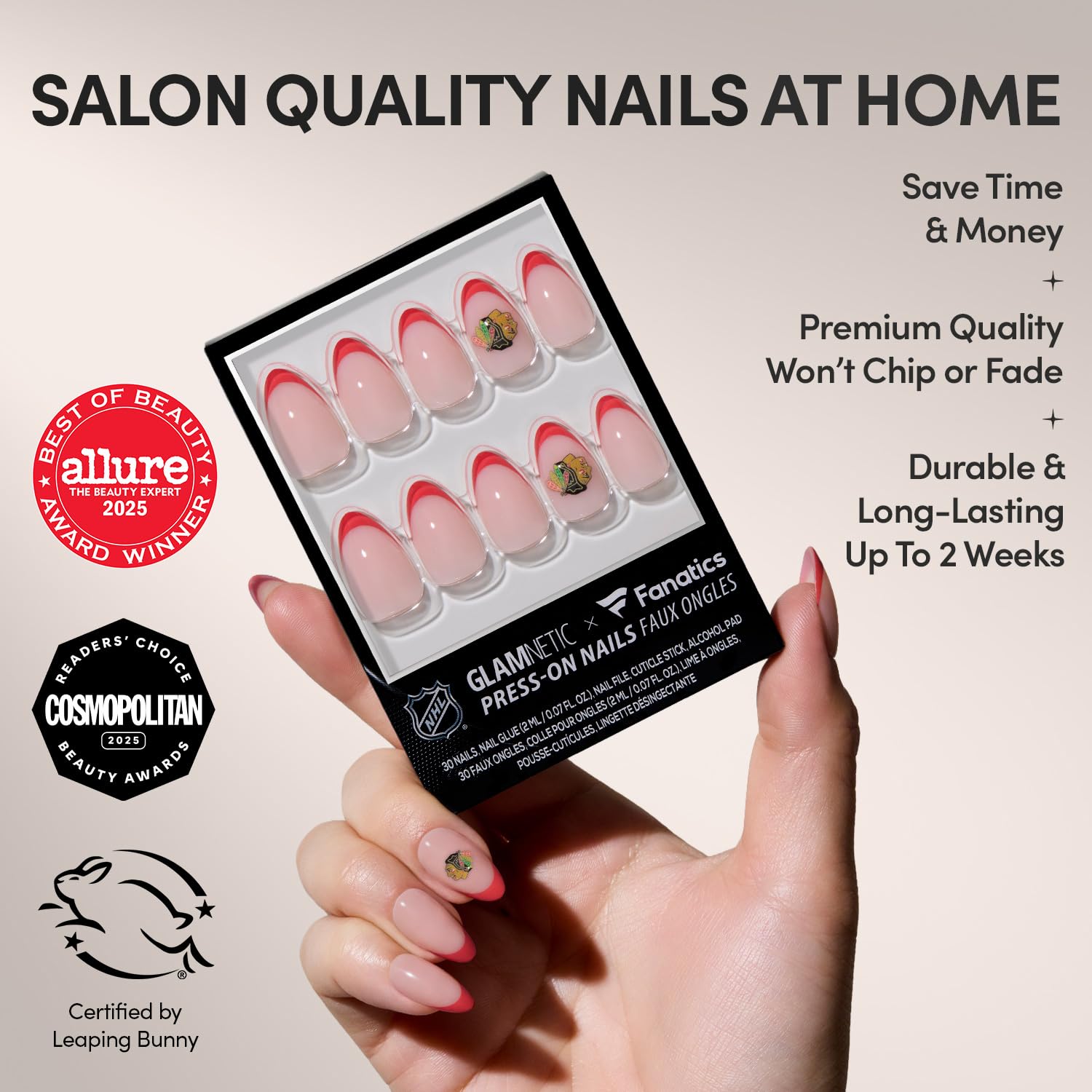 Glamnetic x Fanatics Press On Nails - Chicago Blackhawks | Short Almond Fake Nails, NHL Blackhawks Red French Tips, Hockey Nails, Salon-Quality | 15 Sizes - 30 Nail Kit with Glue