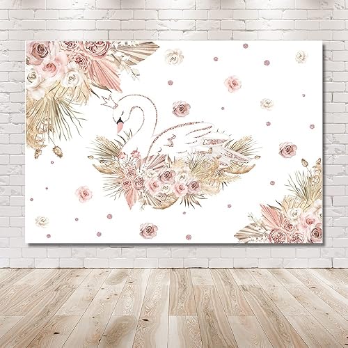 Miniatura 6 de MEHOFOND Telón de fondo bohemio de cisne, hierba de las pampas, color oro rosa, para baby shower, fiesta, fotografía, fondo de fotografía de flores