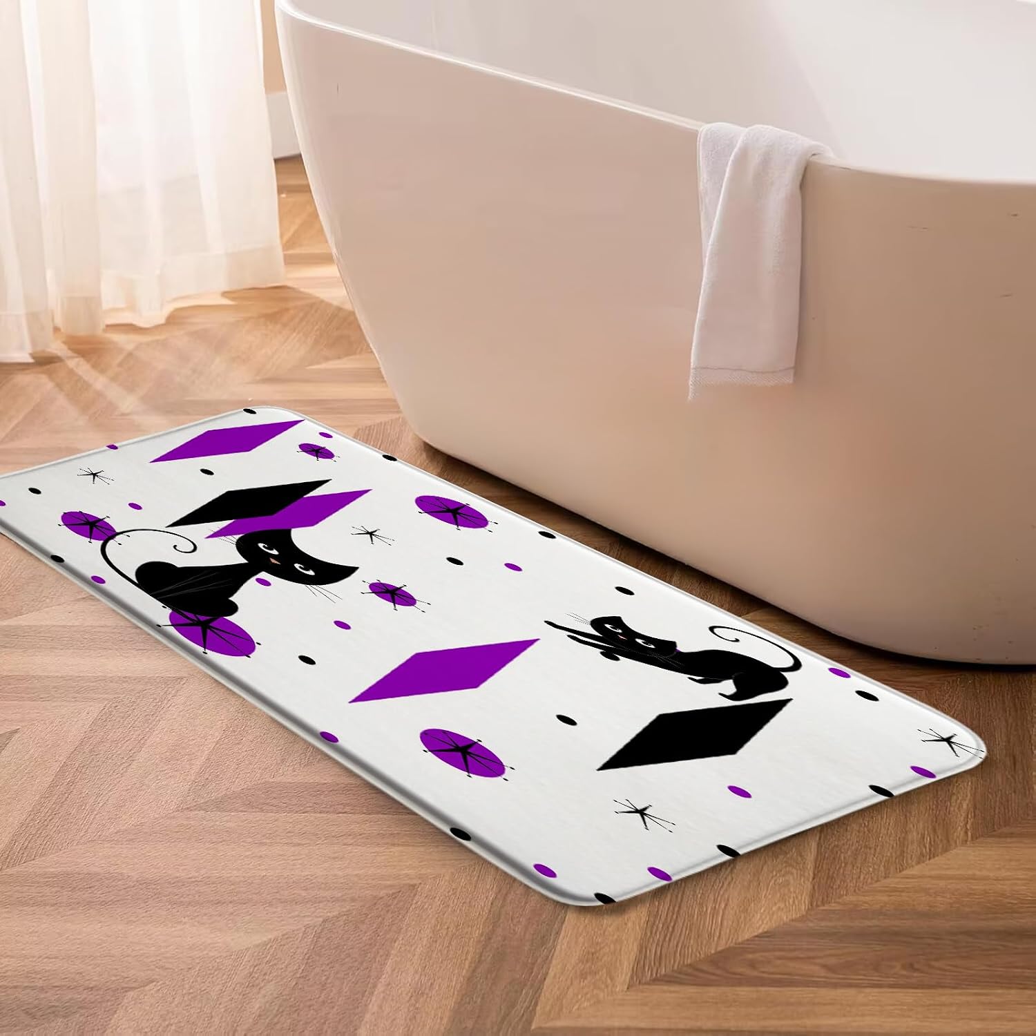 GCTNBJL Mid Century Atomic Cat Bath Mat Purple Black Modern ​Abstract Geometric Iconic Retro 1950s 1960s Vintage Bathroom Floor Decor Rug for Shower Buthtub,24x70 Inch