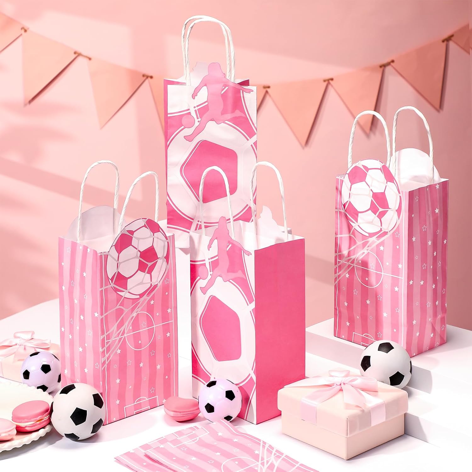 Jetec 16 Pcs Pink Soccer Party Favor Gift Bags with Handles Soccer Snack Bags for Team Pink Paper Sports Theme Goodie Candy Treat Bag for Women Sports Birthday Team Senior Night
