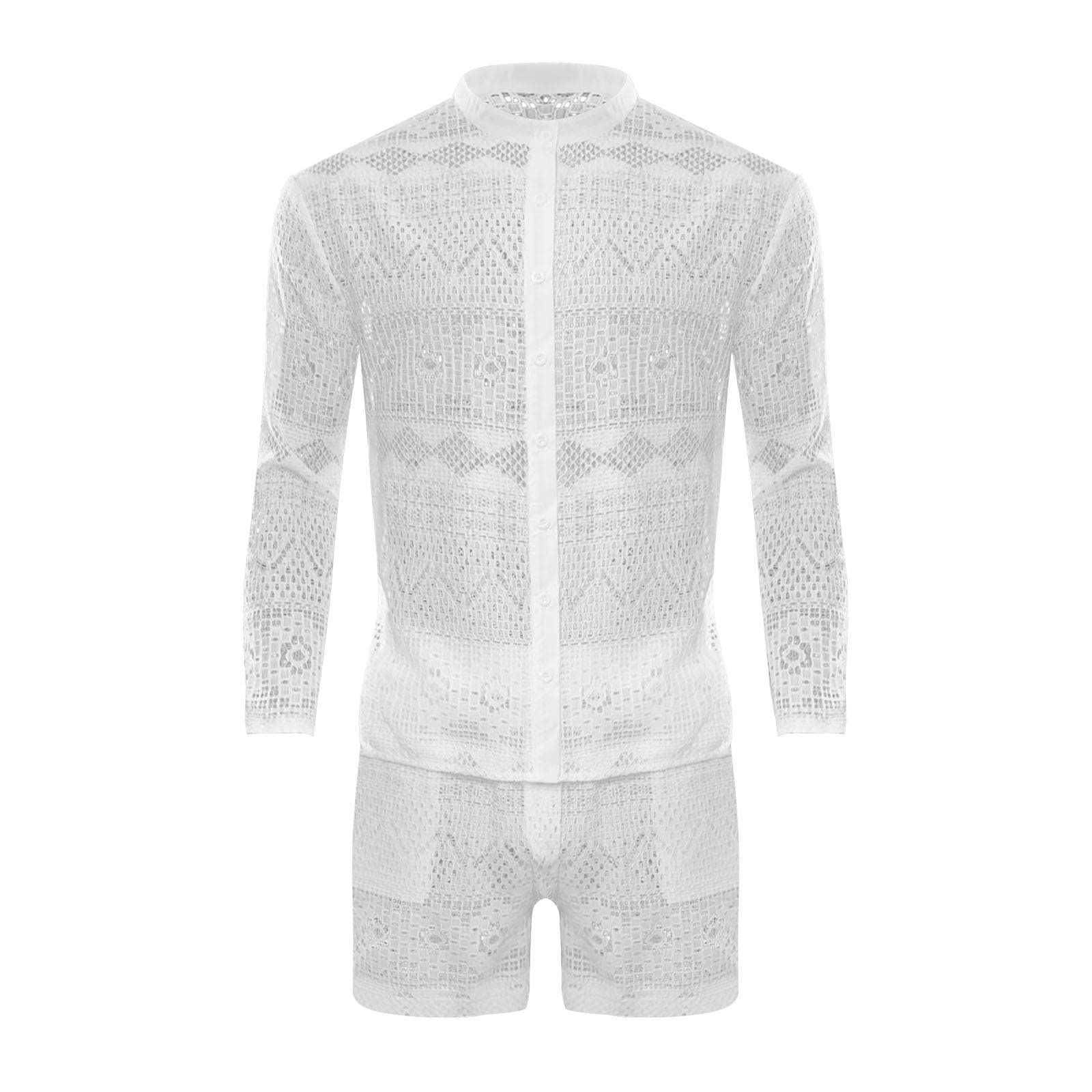 Ensemble pyjama pour homme - Ensemble chemise - Short creux - Couleur unie - Haut - Short en dentelle - Tenue pour mariage, nuit, lune de miel, plage sexy - Vacances - T-shirt tendance - Cadeau de