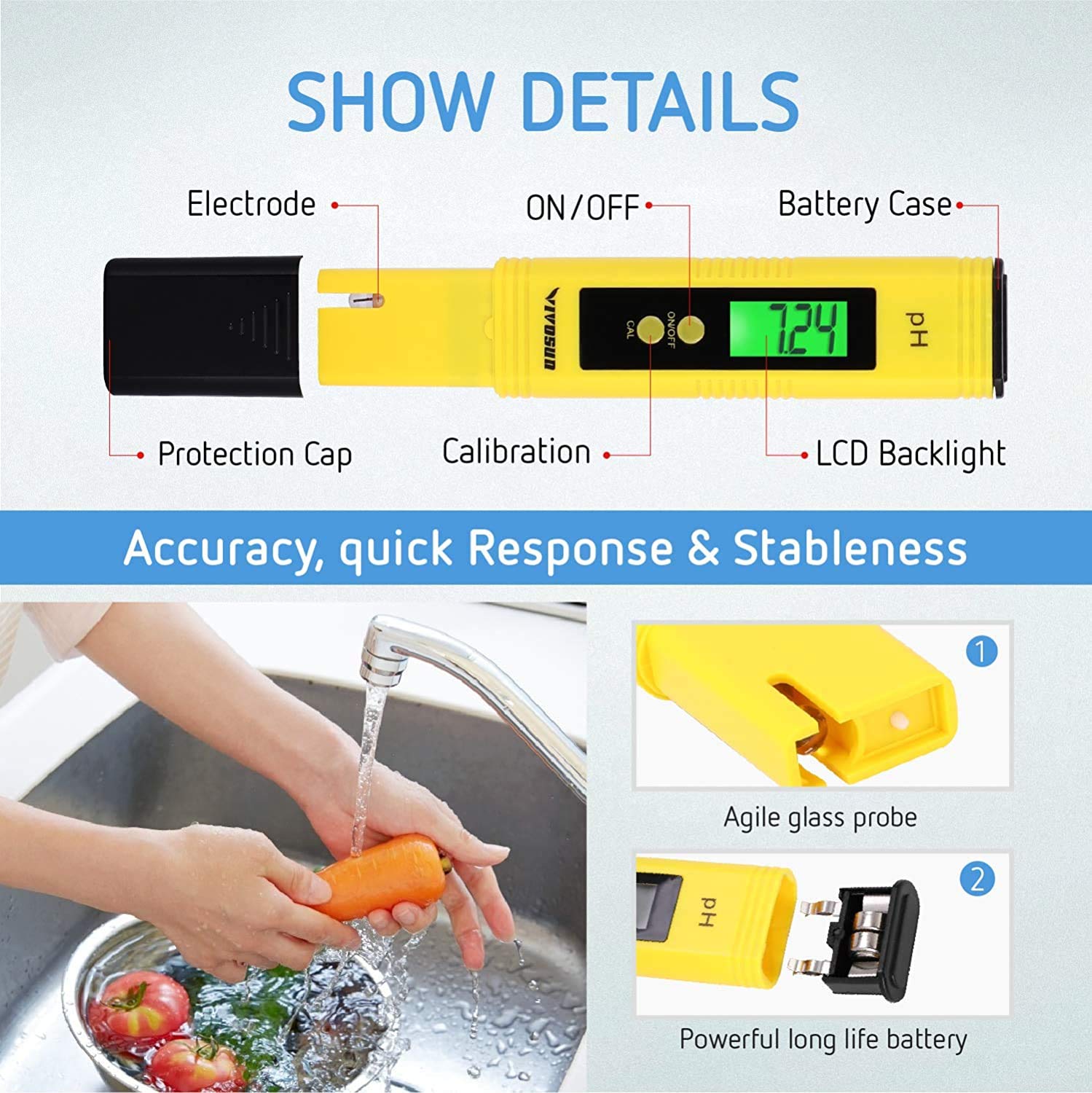 Toolazy Digital PH Meter,High Accuracy Water Quality Tester with 0-14 PH Range for Household Drinking, Hydroponics,Aquarium,Brewing,Laboratory,Pool,PH Pen Tester Kit with ATC,0.01 Resolution