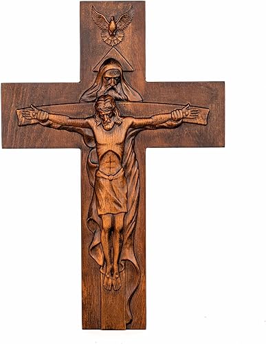 Miniatura 10 de Crucifijo de pared de crucifijo de la Santísima Trinidad, cruz de Cristo Jesús para pared con gancho, cruz de madera hecha a mano para decoración de