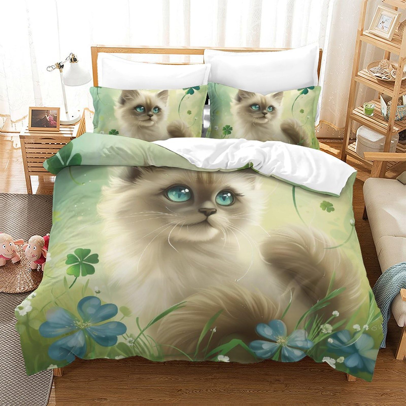 Housse de couette chat 3D 220x240 cm avec taies en microfibre pour lit king