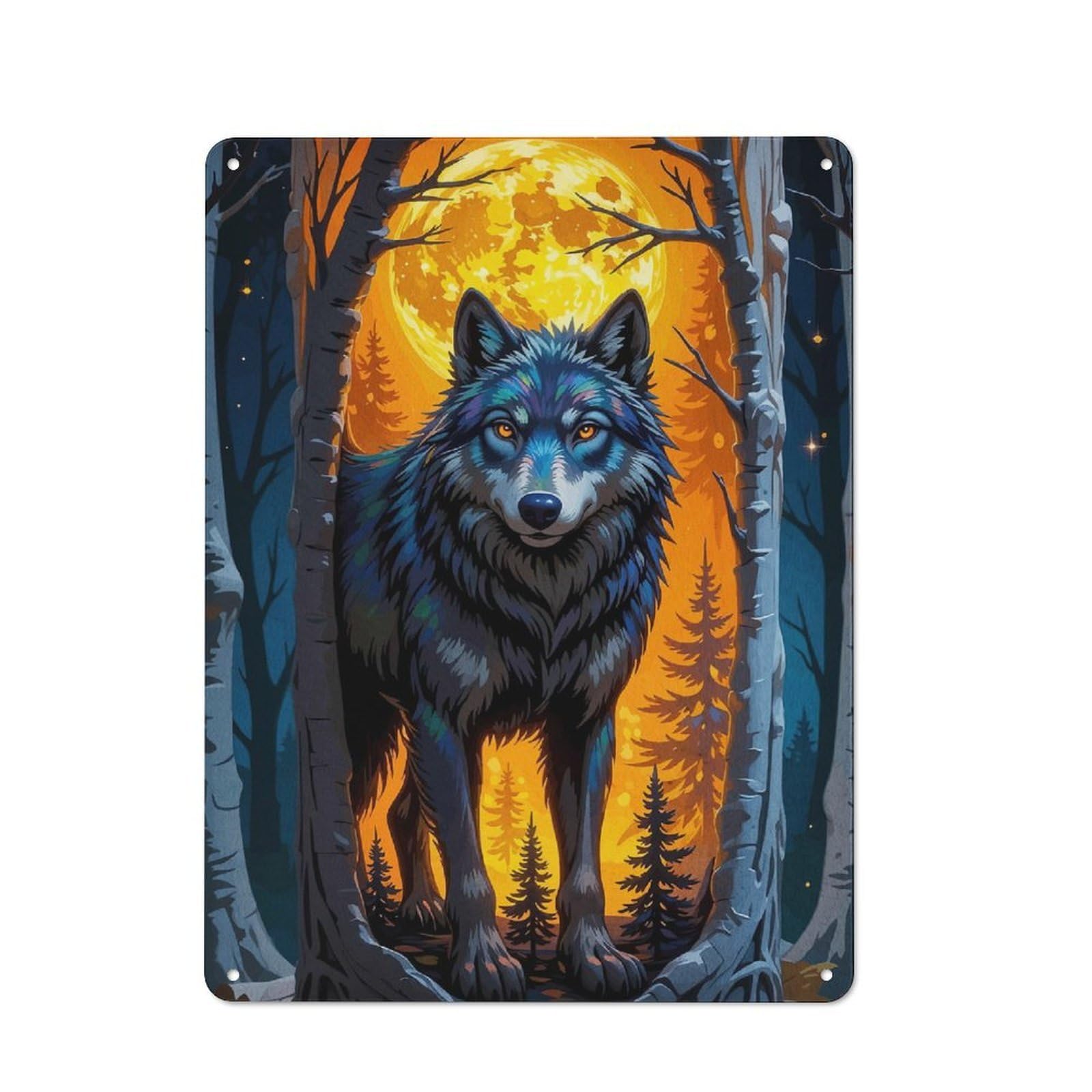 Junmoney Wolf Forest Full Moon Modern Retro Metal Wall Art Sign 40X30cm Featuring Urban Room Decor For Workspace, Cafe, Hallway Or Garage