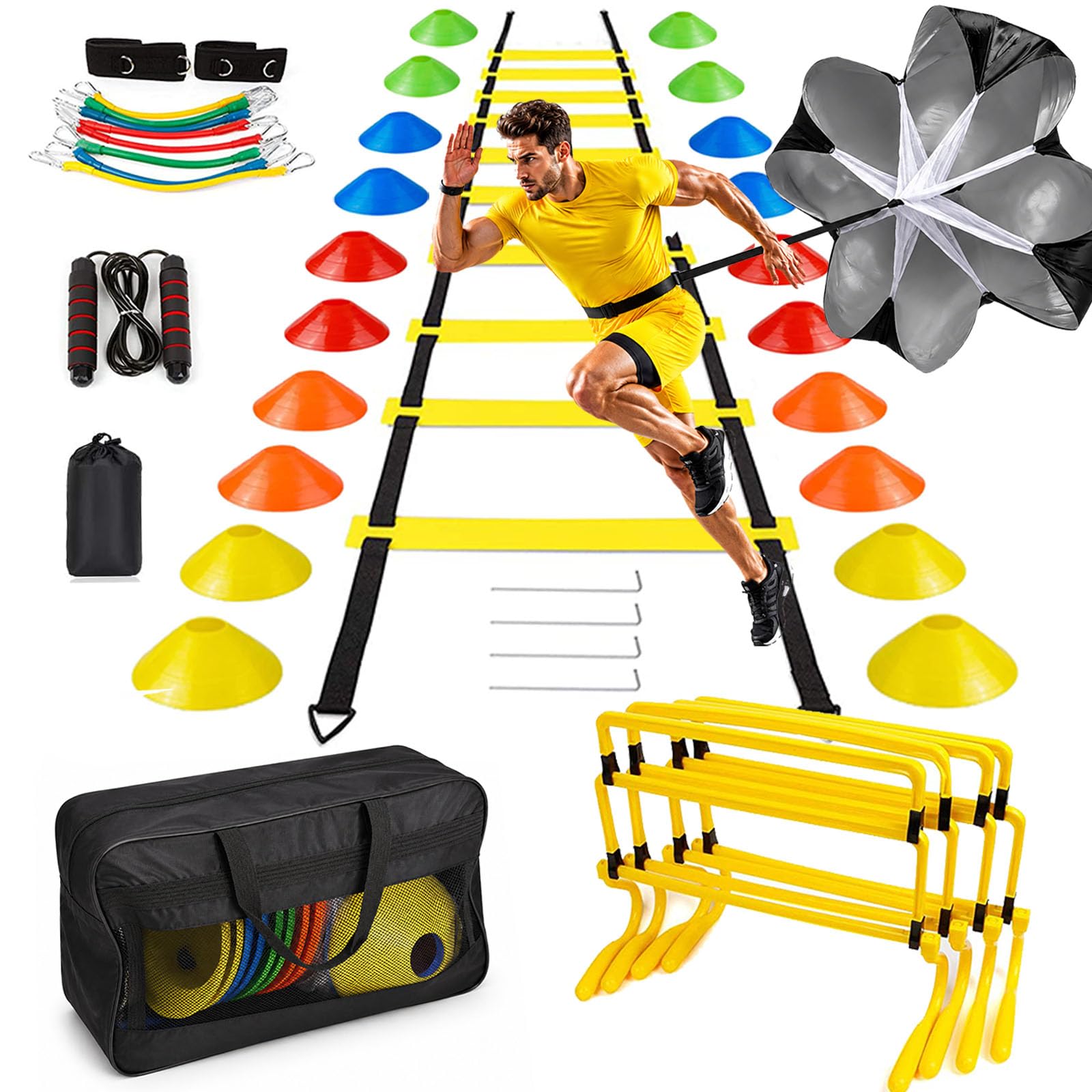 Fussball Trainingszubehör, Fussball Trainingsset Koordinationsleiter Trainingsleiter, 20 Hütchen, Einstellbare Hürden, Widerstandsschirm, Springseil, Bänder, Fussball Geschenk Jungen