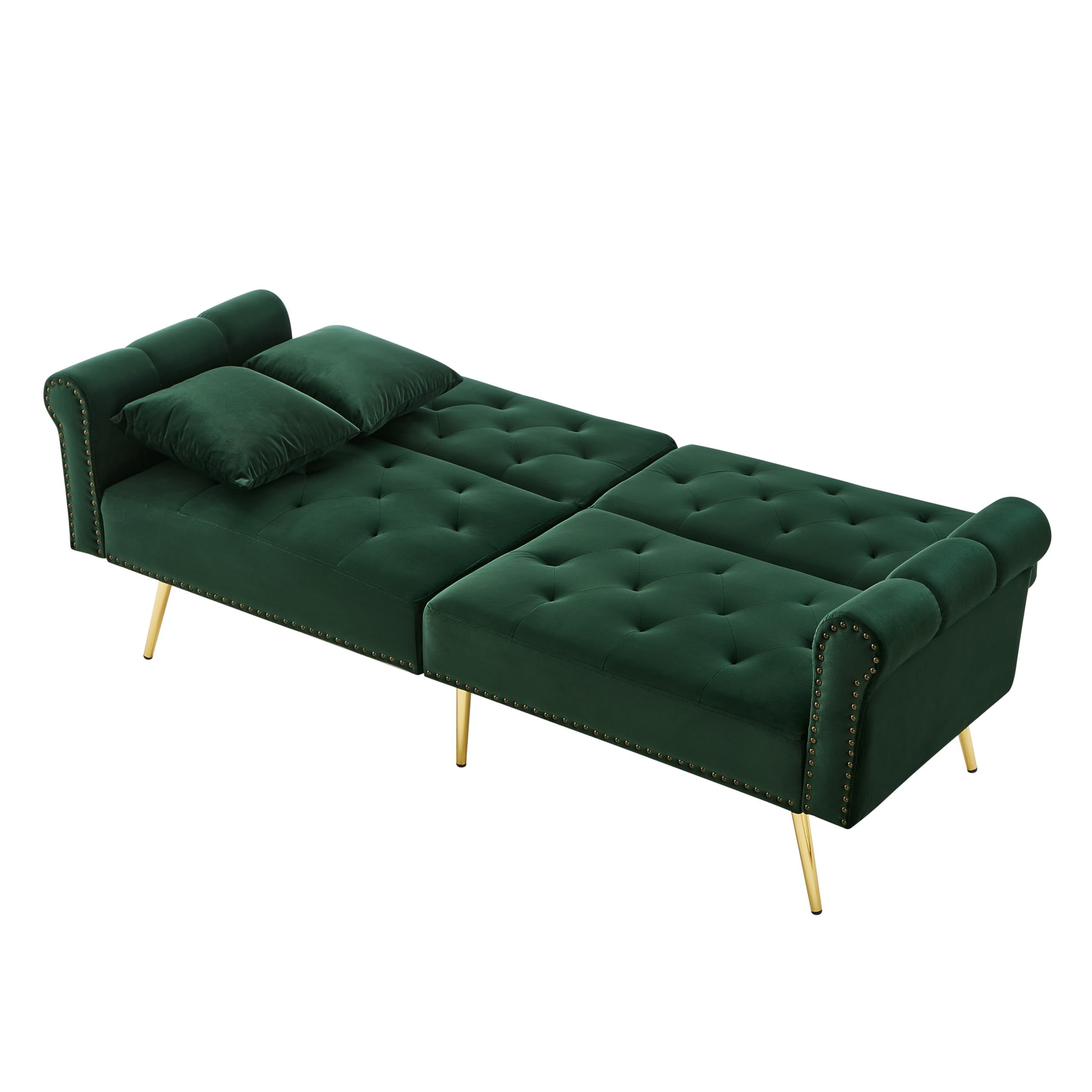 Azkoeesy Elegante sofá cama de 2 plazas, tapizado en terciopelo, 178 cm, con 3 niveles de ajuste, patas de metal dorado, 2 cojines, acabado con remaches (verde envejecido)