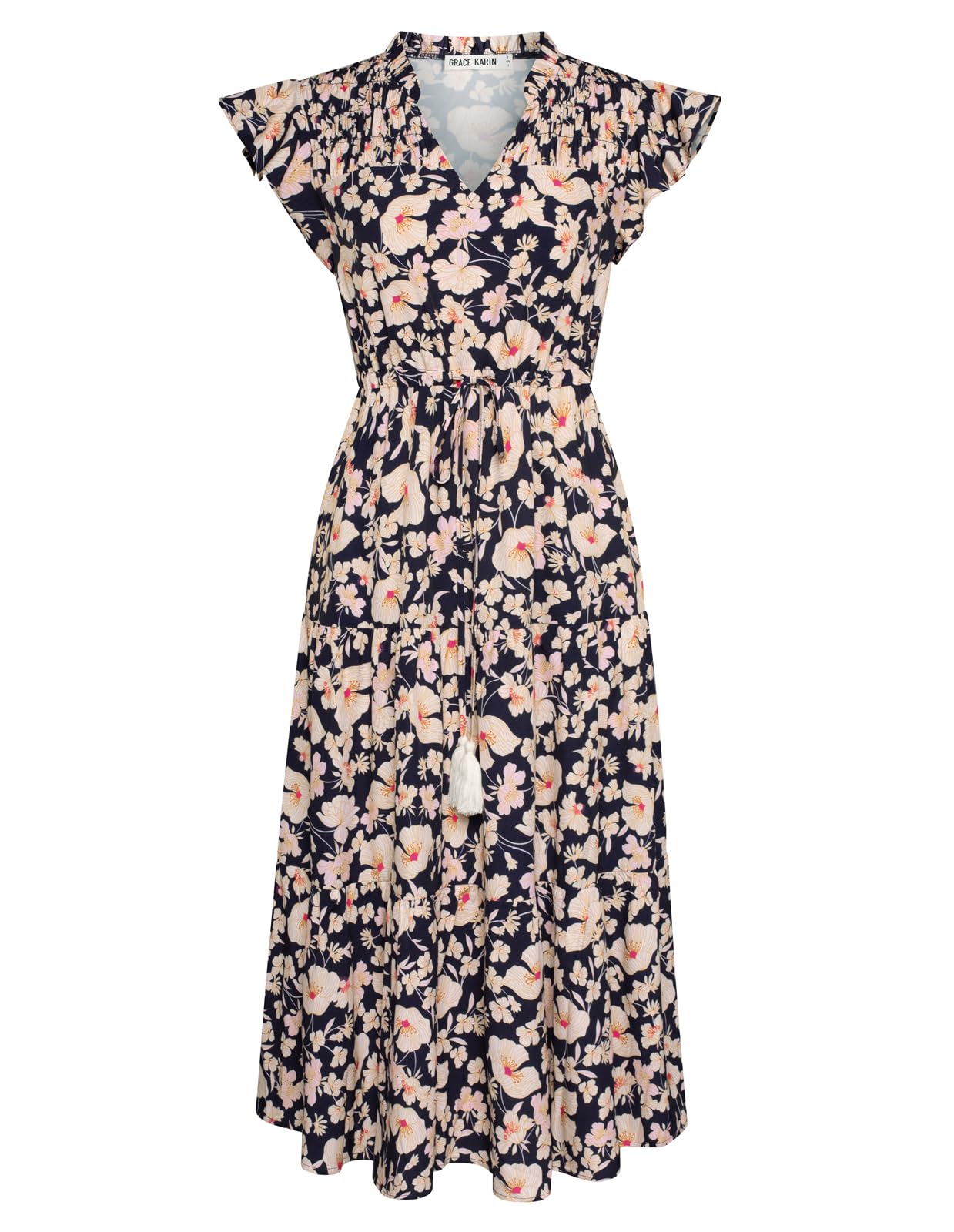 GRACE KARIN Women's Drawstring Waist Flutter Sleeve V-Neck A-line Dress