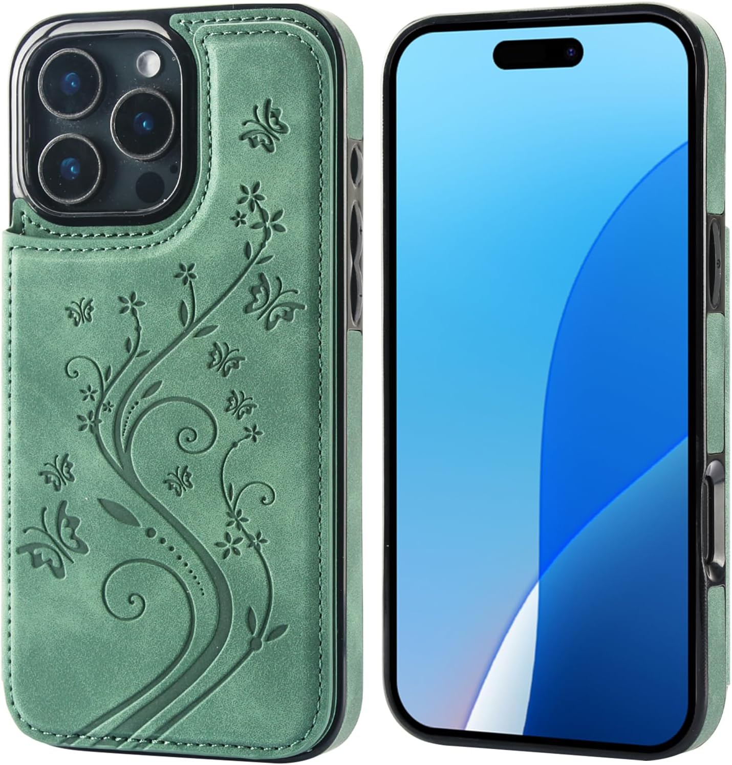 Vaburs Compatible with iPhone 16 Pro Max Case Wallet with Card Holder,Embossed Butterfly Pattern PU Leather Double Buttons Flip Protective Shockproof Cover for Magnetic Mount 6.9 Inch (Dark Green) - Image 3