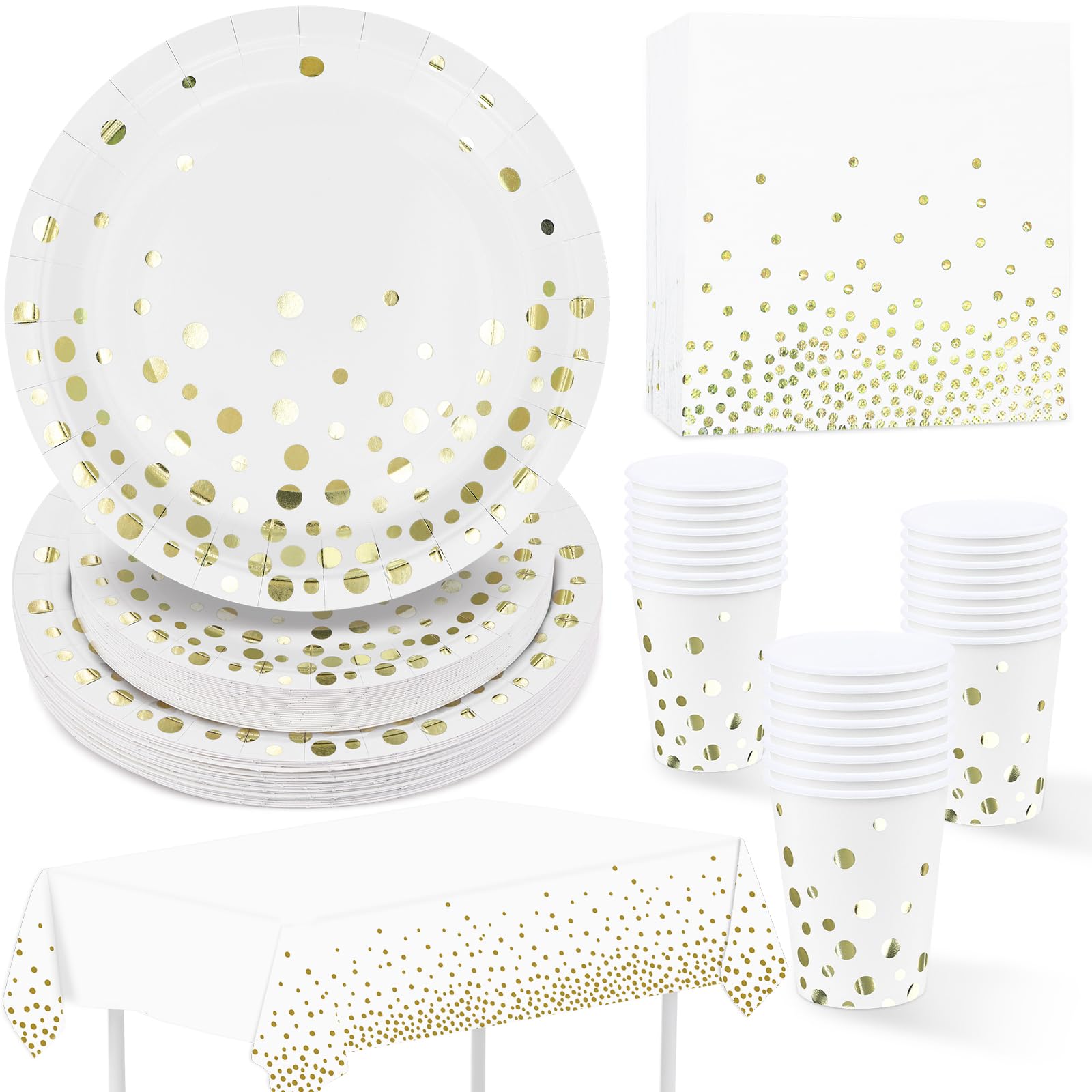 Partygeschirr Weiß Gold 97 Stück Pappteller, Servietten, Pappbecher, Tischdecke, Partyteller Set für Abschlussfeier, Jubiläums, Hochzeit, Cocktailparty, Neujahr
