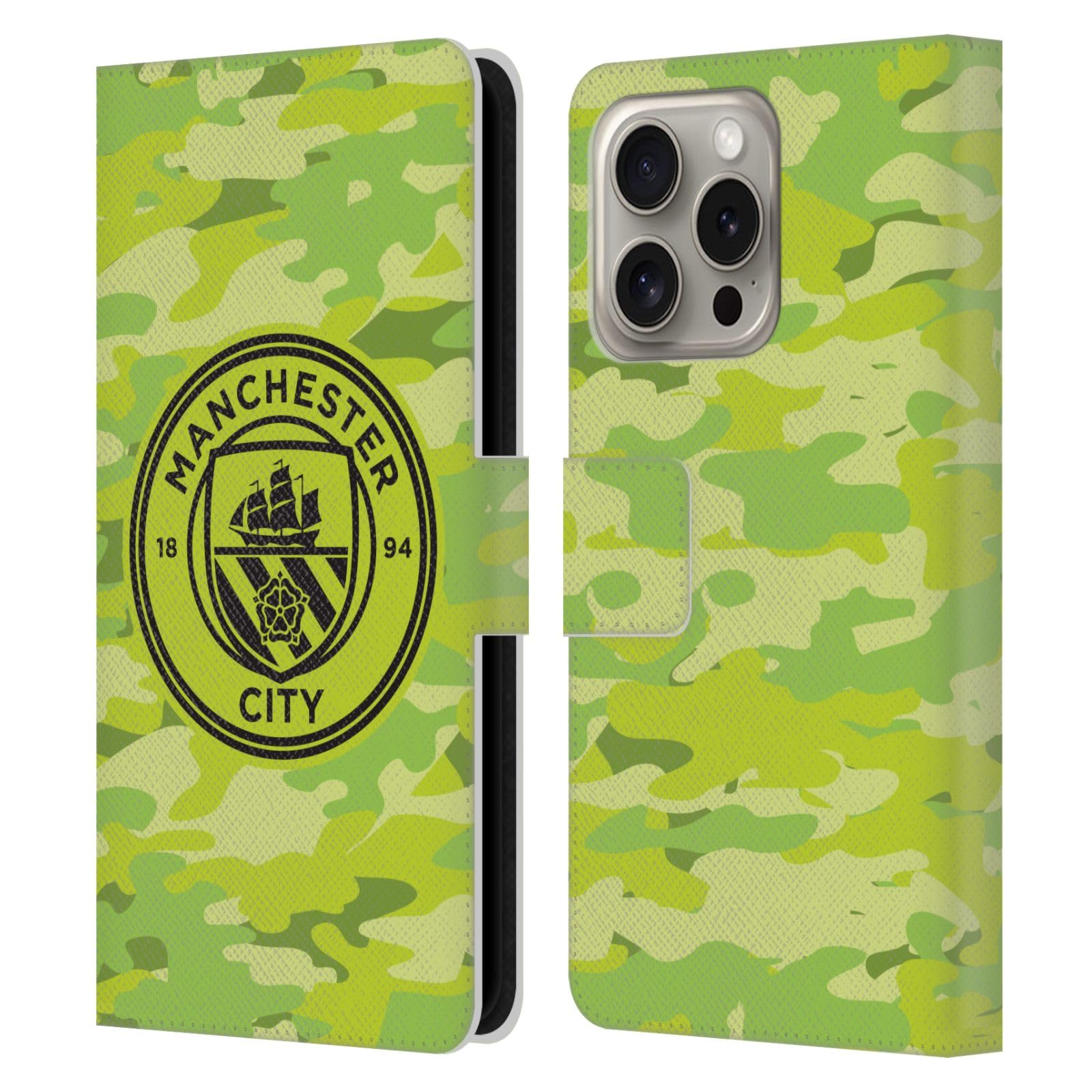 Head Case Designs Officially Licensed Manchester City Man City FC Goalee Mono Badge Camou Leather Wallet Case Compatible With Apple iPhone 16 Pro