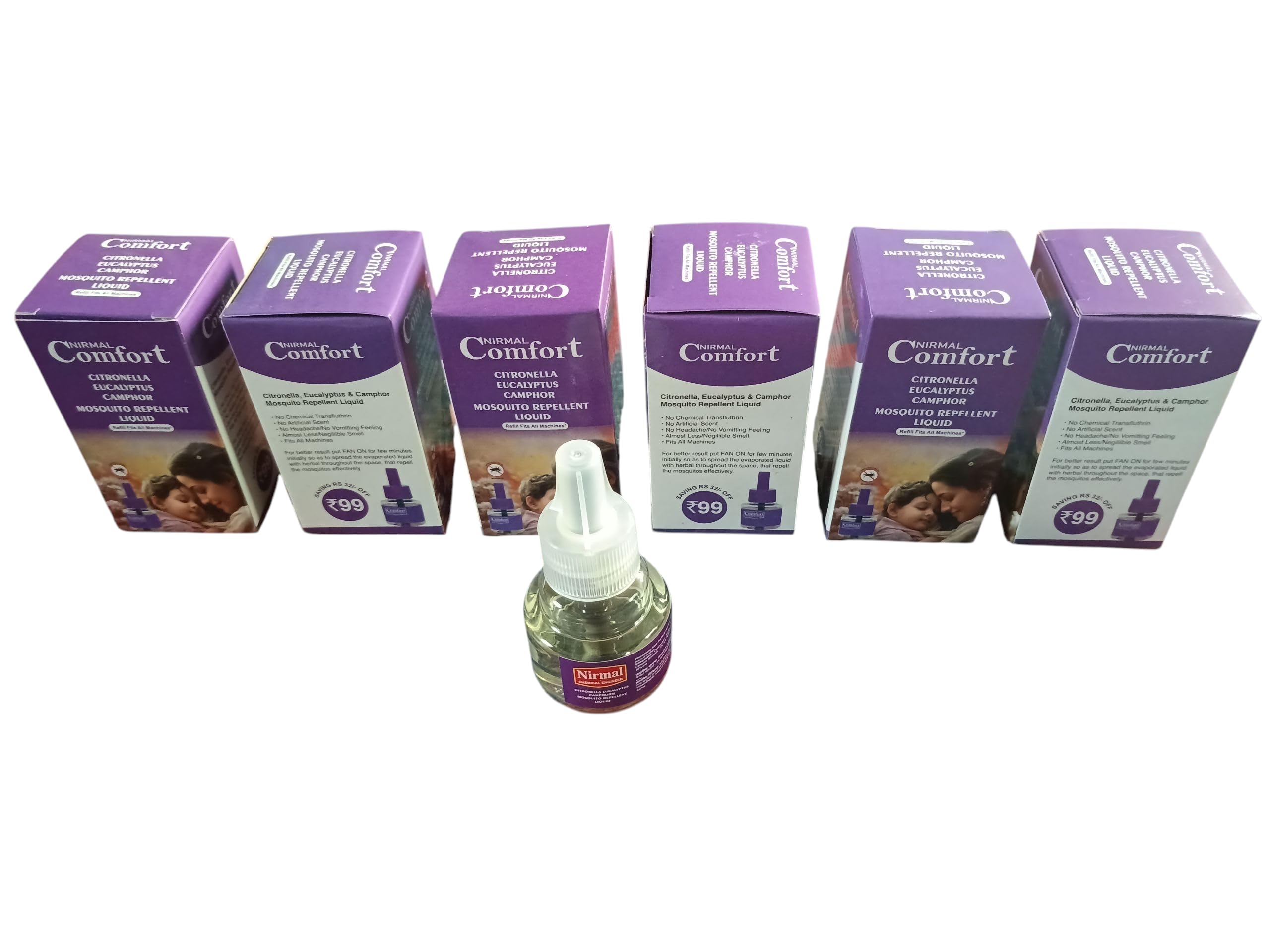 Nirmal Comfort Mosquito Repellent Liquid with Citronella, Eucalyptus and Camphor, Natural Formula, 6 Refill Pack