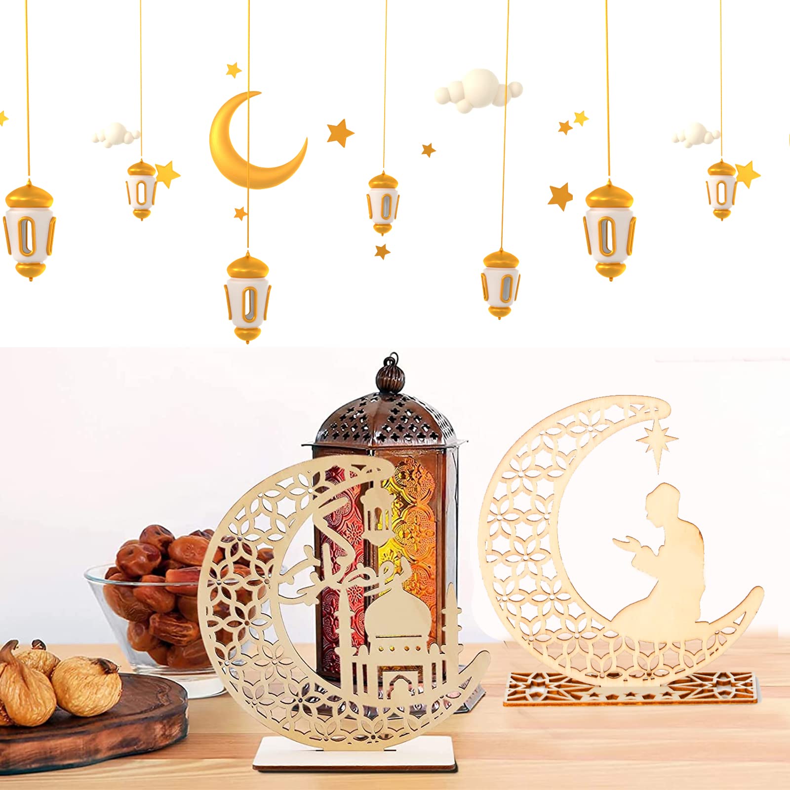 Ramadan Deko 6 Stück Holz - Mond & Stern Anhänger Für Eid Party Dekoration Islamische Dekoration
