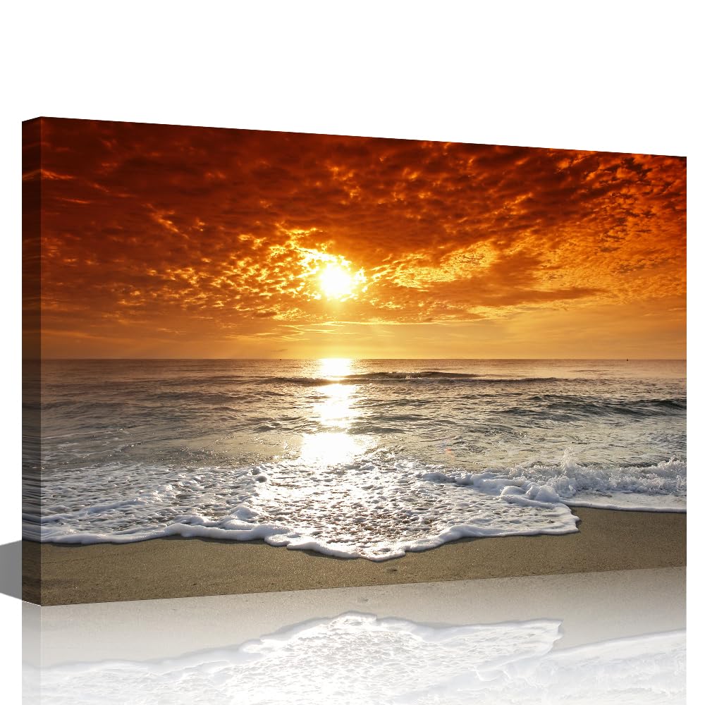 TISHIRON Wall Art Decor Canvas Painting Dusk Beach Coastal Wave Pictures Artwork Framed Prints for Home Office Decor 36X24in Ready to Hang