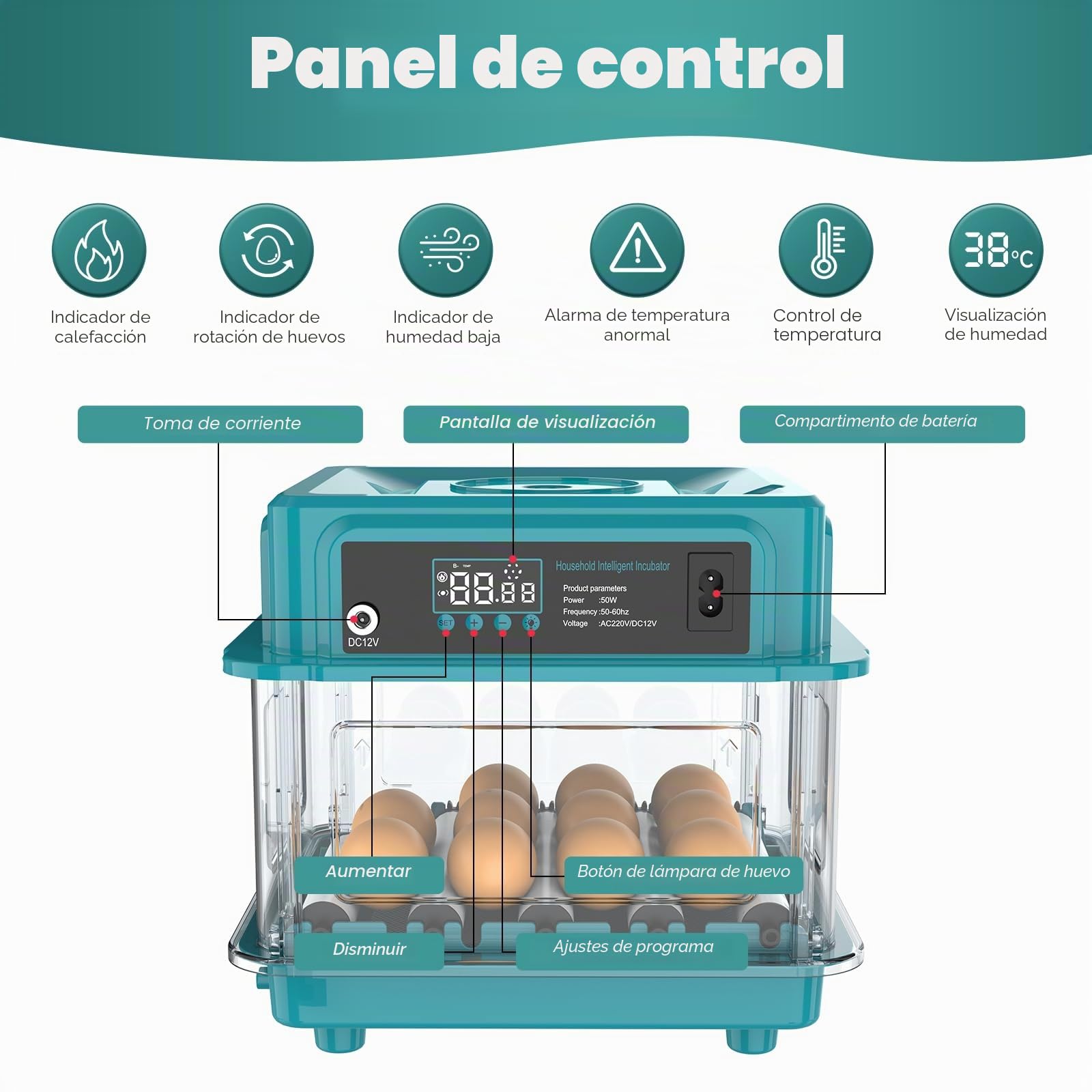Incubadora totalmente automática, incubadora para 10-36 huevos con rotación automática de huevos y humidificación automática, incubadora con indicador de humedad para pollos, patos, gansos y