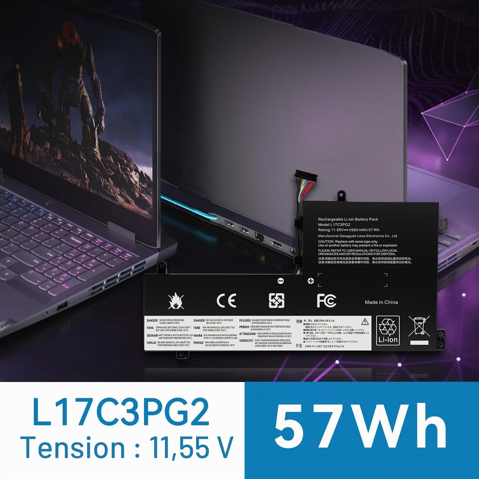 ASUNCELL 11.55V/57Wh L17C3PG2 Batterie d'ordinateur Portable pour Lenovo Legion Y530-15ICH Y540-15IRH Y545-PG0 Y730-15ICH Y740-15IRH Y740-15ICHG Y7000P Series, L17M3PG2 L17C3PG2