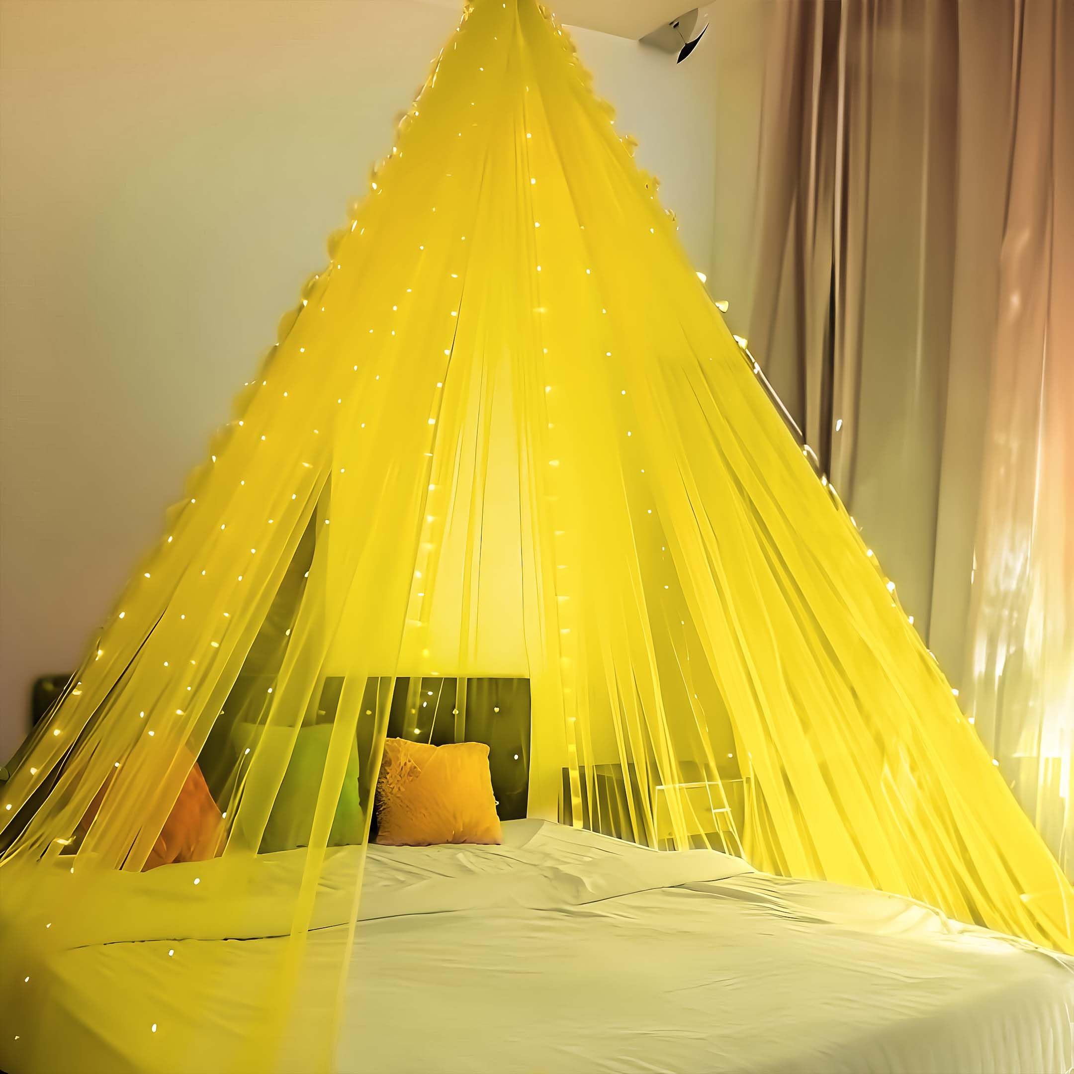 SpecialYou Romantic Decoration for Bedroom with Yellow net Curtain & Fairy Light, Bedroom Decoration Items, Backdrop Cloth for Decoration, Birthday, Anniversary, Canopy Tent for decoration-7pcs