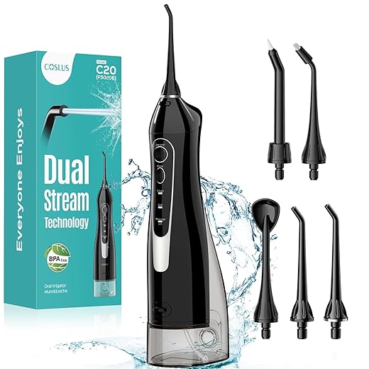 COSLUS Water Dental Flosser Teeth Pick C20(F5020E): Portable Cordless Oral Irrigator 300ML Rechargeable Travel Irrigation Cleaner IPX7 Waterproof Electric Flossing Machine for Teeth Cleaning