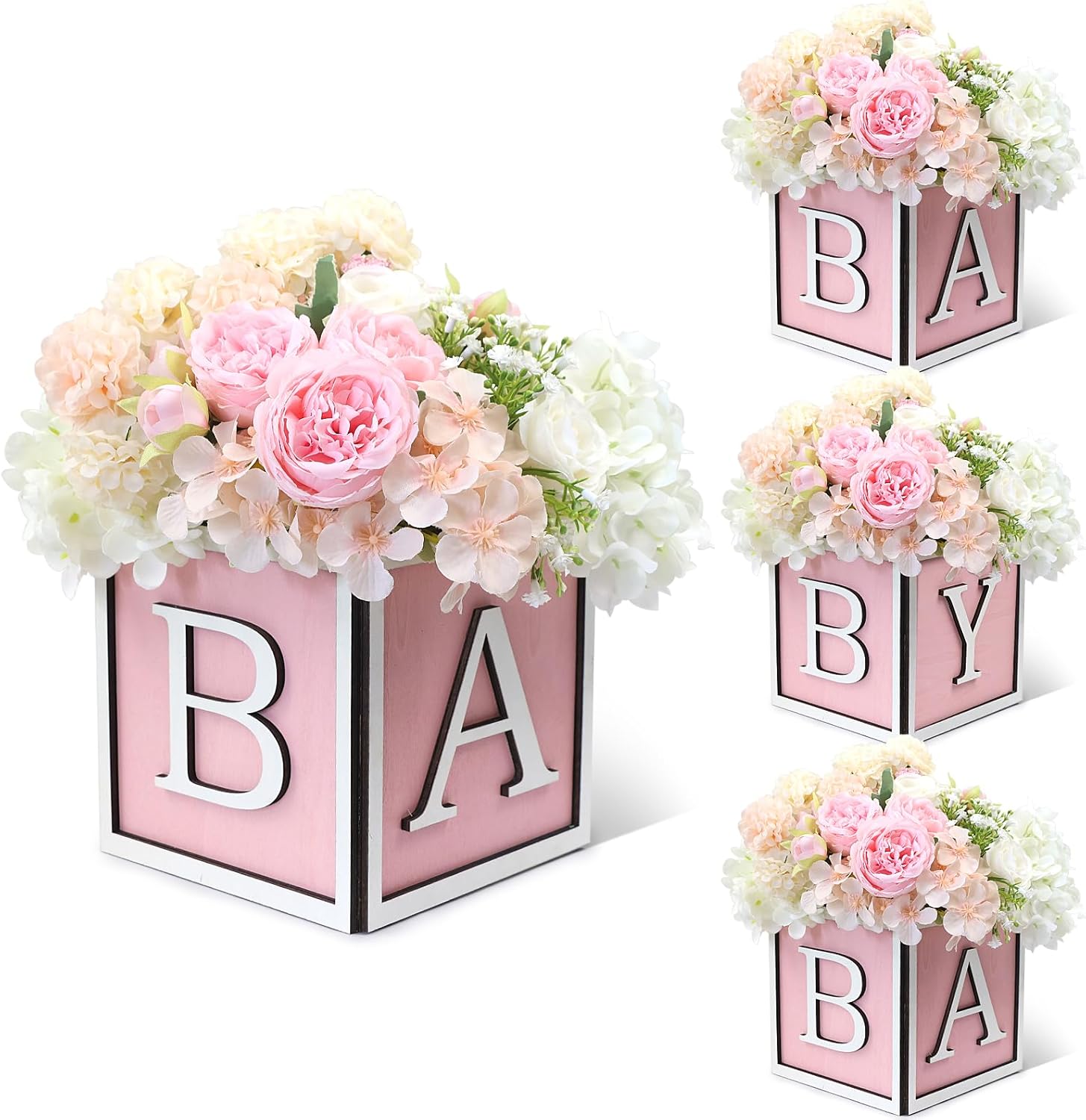 4 Set Baby Shower Centerpieces for Tables - 6 inch Wooden Boxes with Baby Letters Rustic Cube Planter Wood Blocks for Boy Girl Gender Reveal Party Favor (Pink) 4 Sets Pink