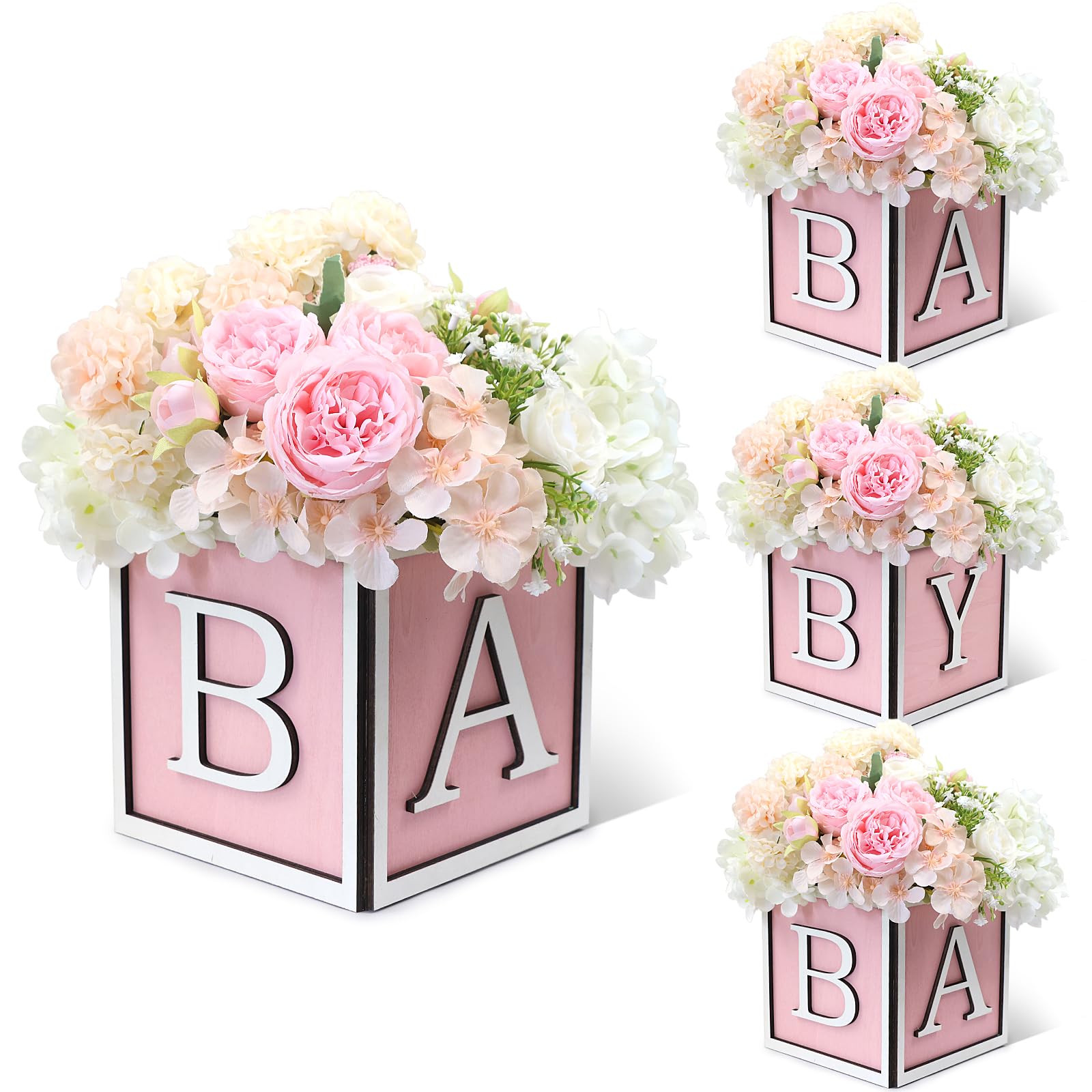 Acmee 4 Set Baby Shower Centerpieces for Tables - 6 inch Wooden Boxes with Baby Letters Rustic Cube Planter Wood Blocks for Gender Reveal Party Favor