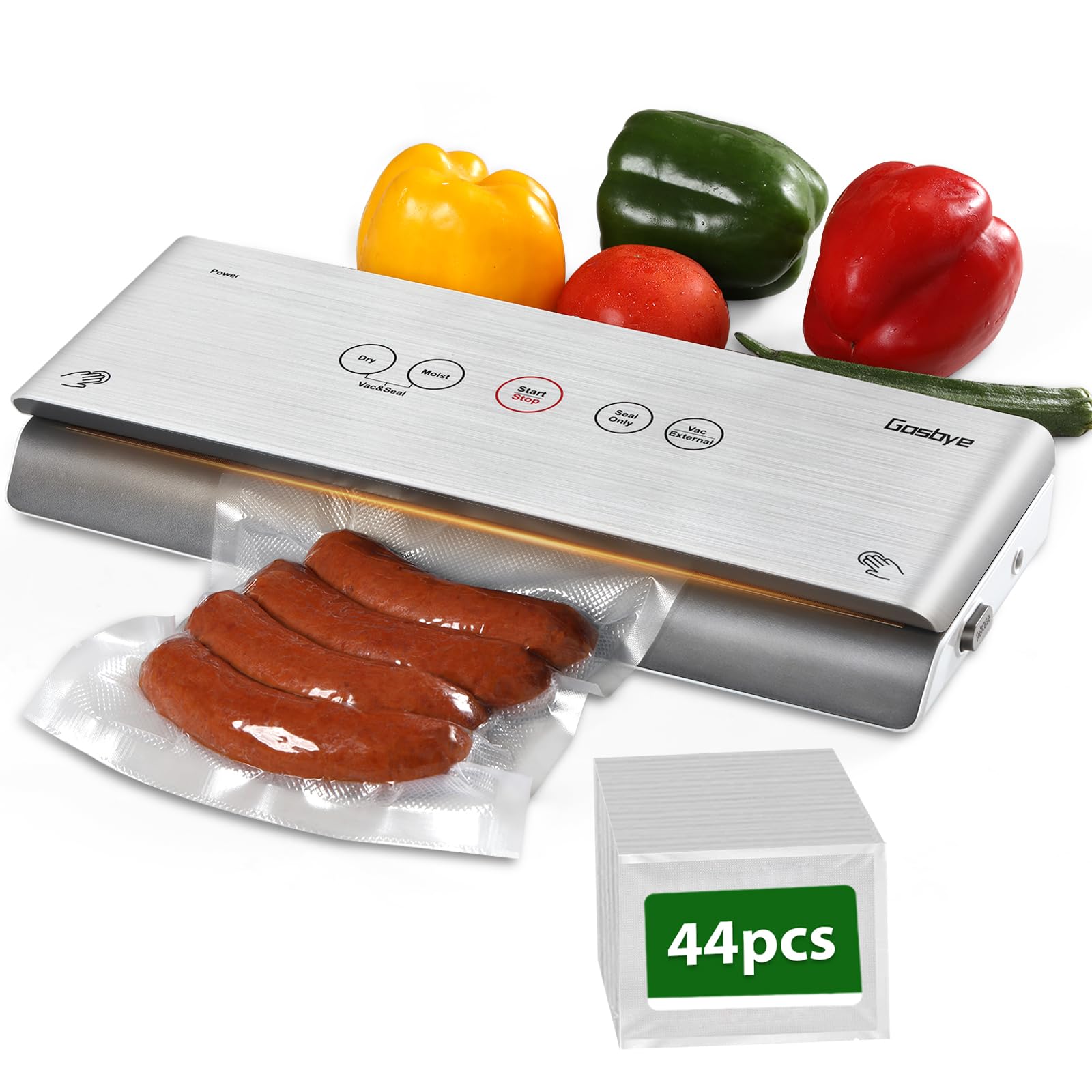 Dual Pumps Vacuum Sealer Machine, 3 Sealing Modes for Dry Wet Food, Sous Vide, with 44 Precut Bags, Durable Silicone Gasket, Easy Clean Removable Drip Tray, Silver