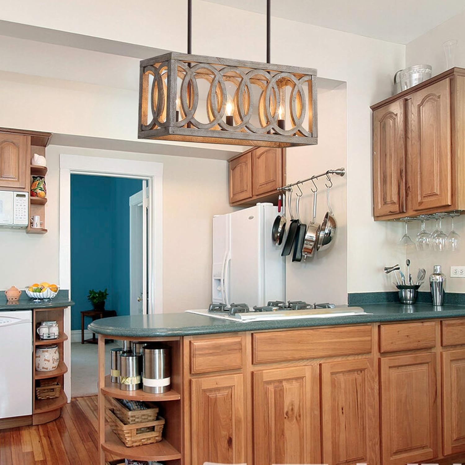 Get Special Price Rustic 3-Light Chandelier, Wood and Metal Pendant Light Fixture Kitchen Island Ceiling Lighting Farmhouse Chandelier for Dining Room, Kitchen Table, Restaurant, Coffer Bar