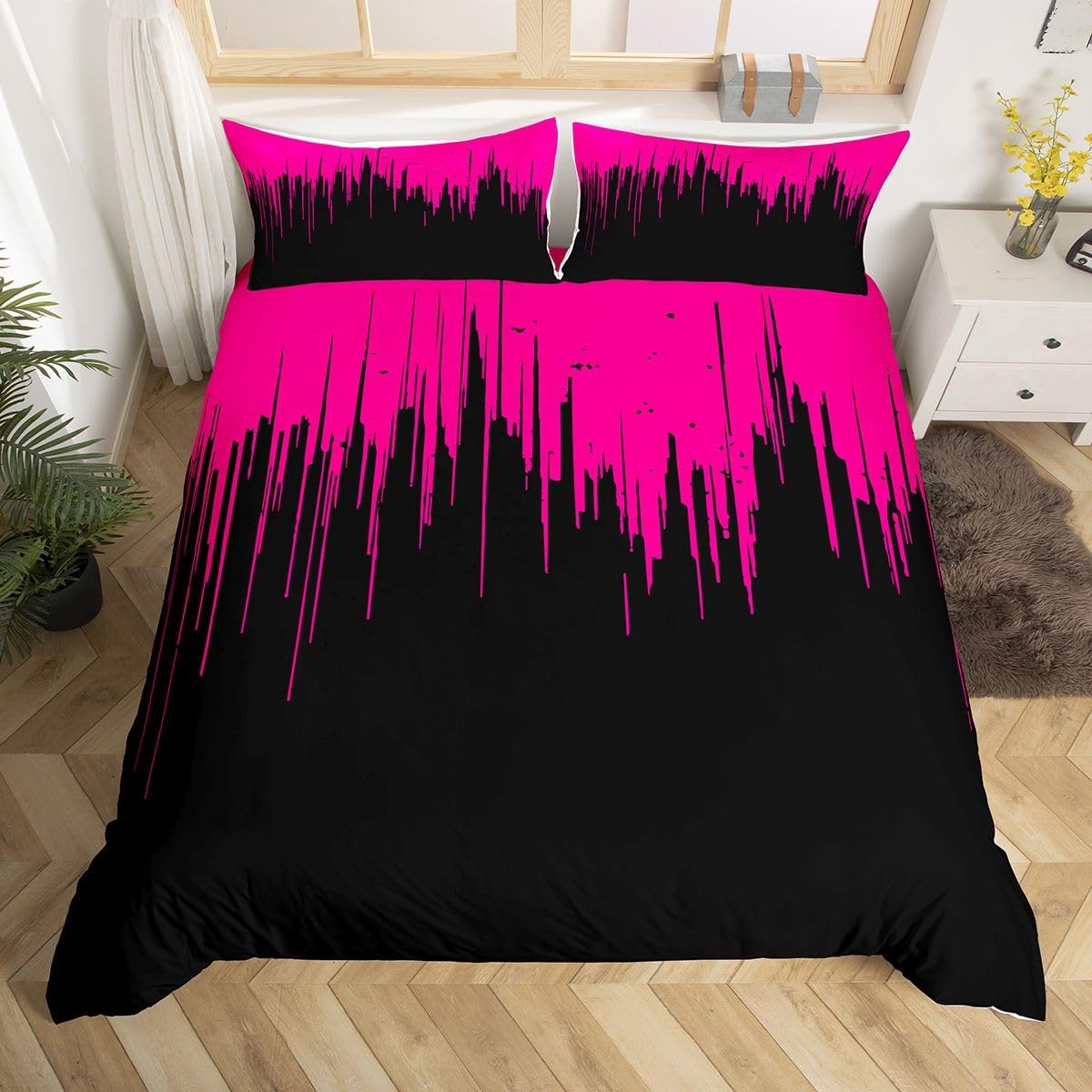 Feelyou Kids Hot Pink Black Bedding Set Queen Size Ombre Stripes Duvet Cover Set for Boys Teens Decor Abstract Art Comforter Cover Set Modern Design Bedspread Cover Bedroom Geometric Quilt Cover 3Pcs