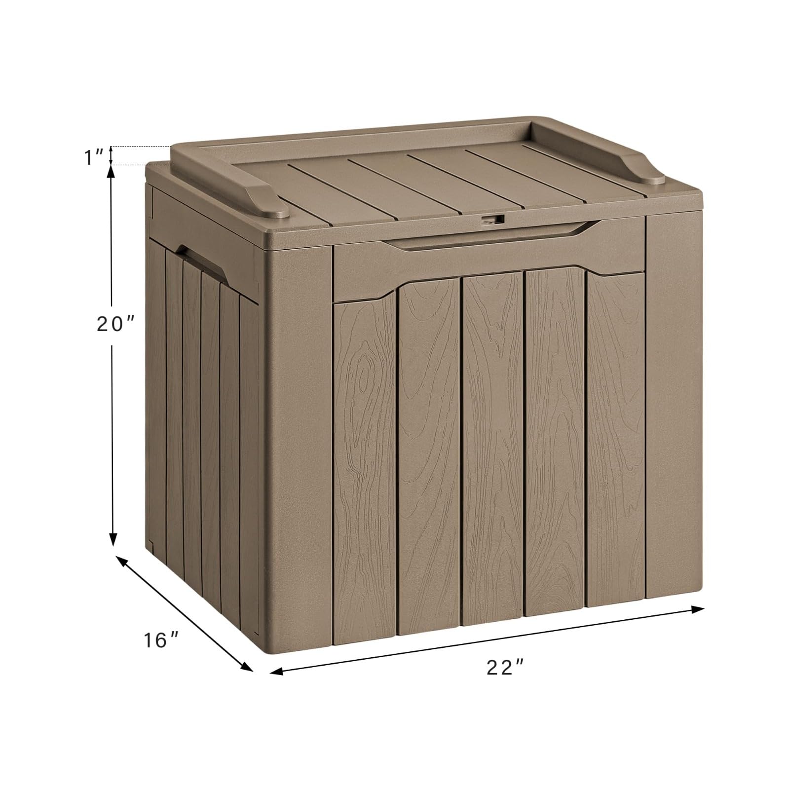 DUY Scatola portaoggetti da esterno con coperchio, in plastica, resistente alle intemperie, con venature del legno, organizer per patio, giardino, balcone (marrone chiaro, 56 x 41 x 54 cm)