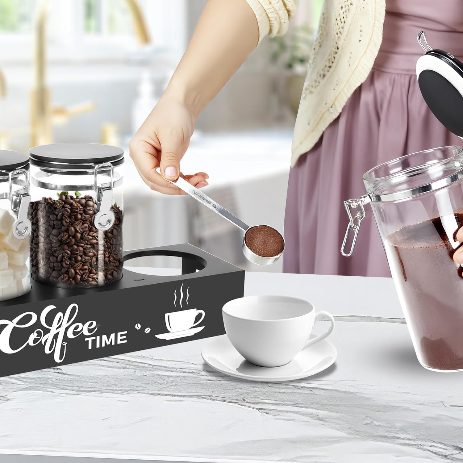 OARSE 3 PCS Glass Coffee Container with Wooden Shelf,3 x 54 oz Glass Coffee Bean Storage Container with Airtight Locking Clamp Lid Spoons Coffee Canister Set,Jars for Coffee Beans,Nuts,Tea,Sugar - Image 6