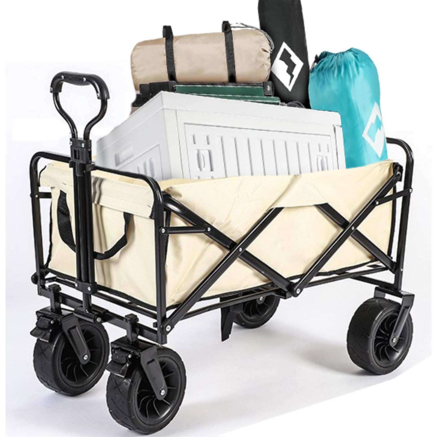 Carrello Spiaggia 150kg Carrello con Ruote portatutto Grandi carrellos Pieghevole con Braccioli Regolabili e Tasche Laterali Carrelli da Giardino per Campeggio all'aperto Ogni Tipo di Terreno