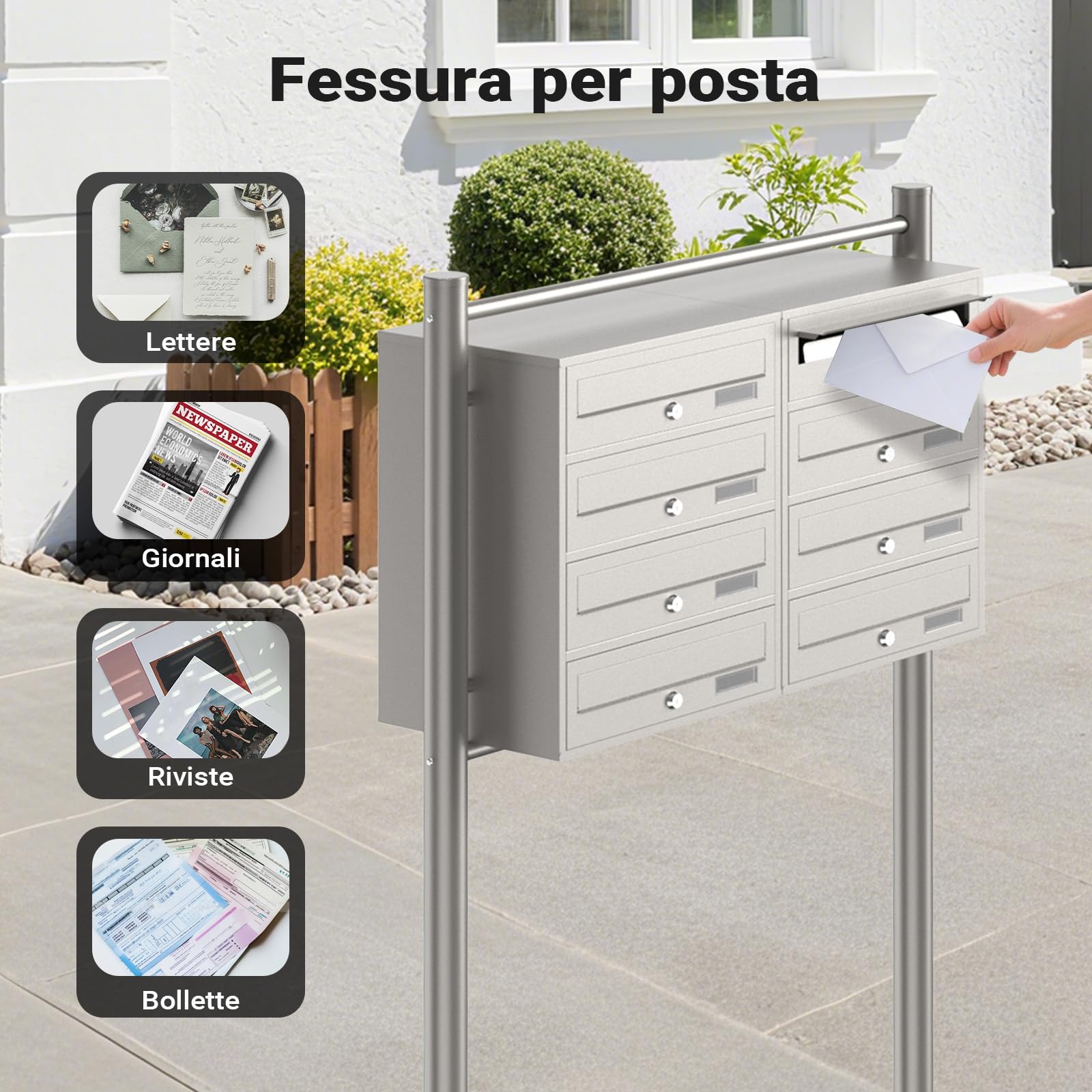 Wiltec Cassetta postale condominiale autoportante, 8 posti, acciaio inox, 945 x 270 x 1500 mm, 2 moduli