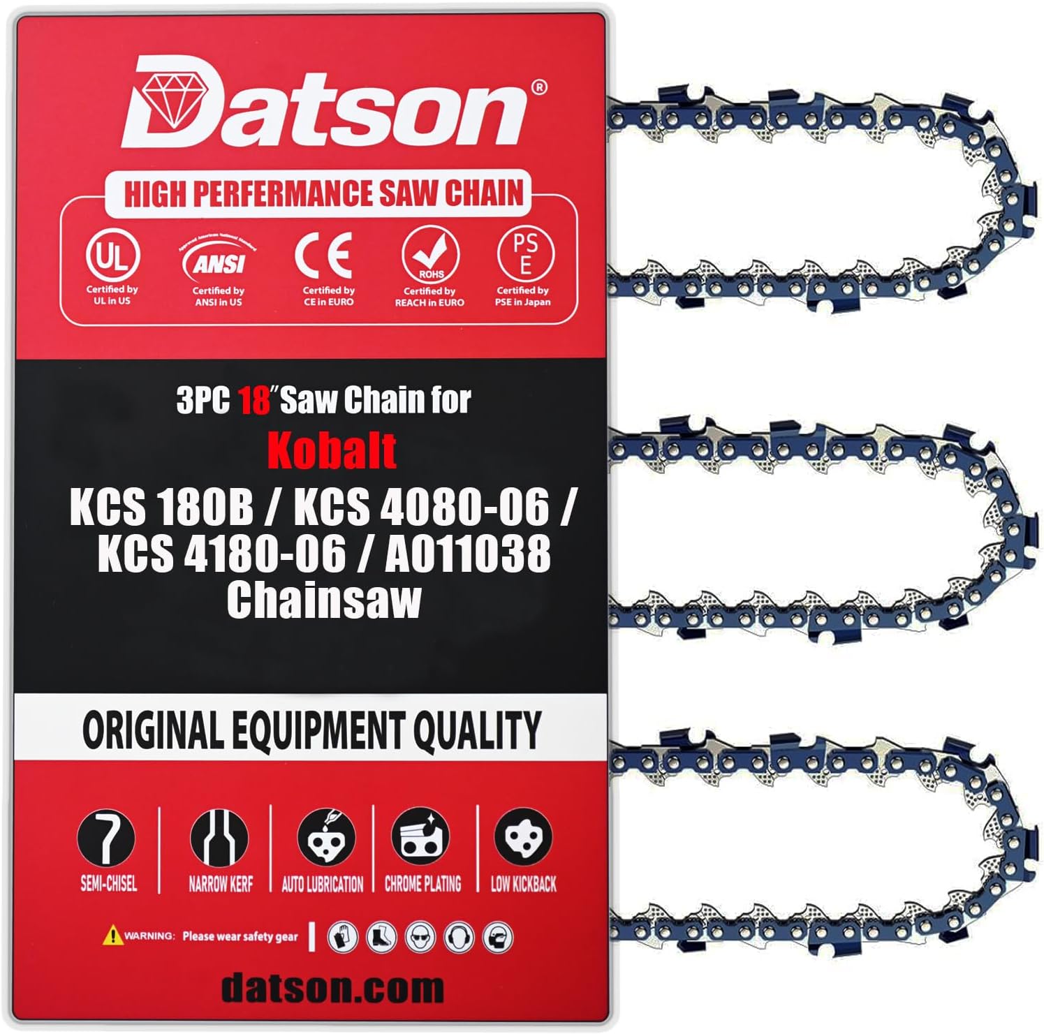 3PC 18 inch Replacement Chain for 80V Kobalt - KCS180B-06 / KCS 4080-06 80V Chainsaw, Chainsaw Chain for Kobalt A011038 / KCS 4180-06 Chainsaw - 419015