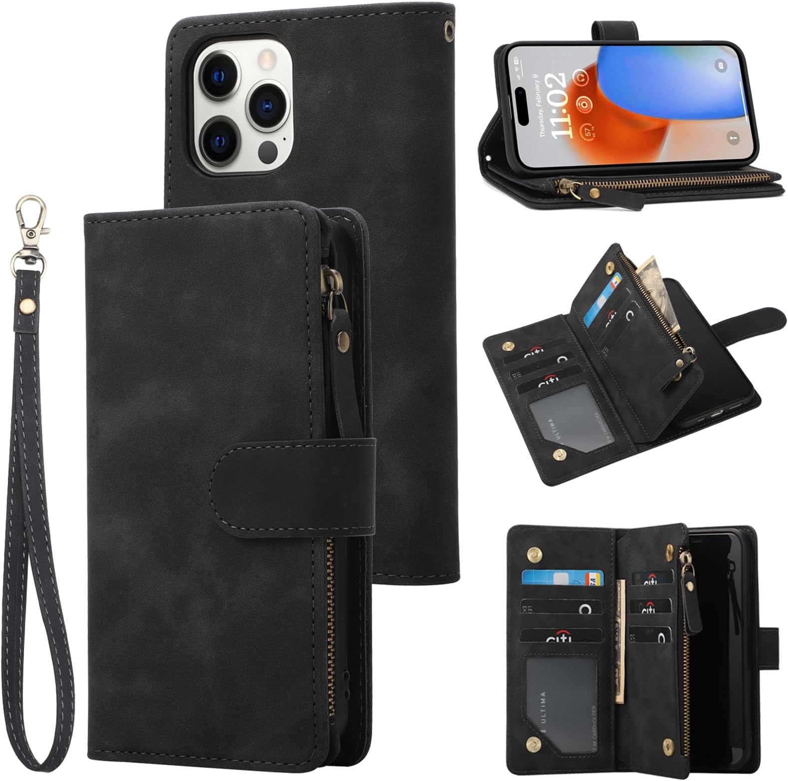 RANYOK Wallet Case for iPhone 15 Pro Max with Card Holder, Premium PU Leather with RFID Blocking Zipper Flip Folio Wallet Wrist Strap Magnetic Clasp Kickstand Protective Case -6.7 Inch (Black)
