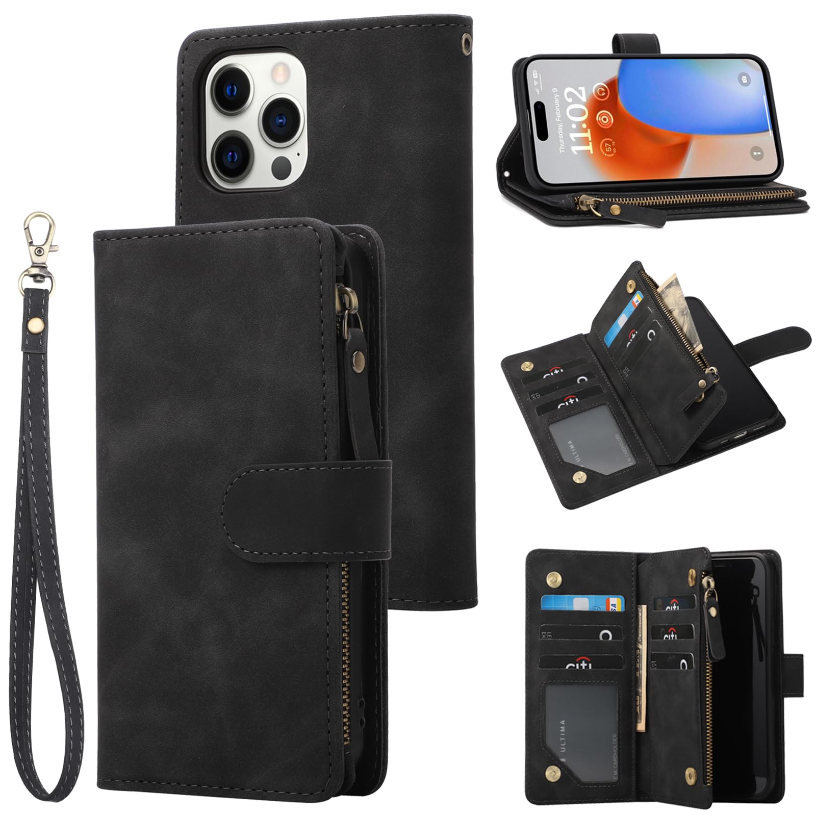 RANYOK Wallet Case for iPhone 15 Pro Max with Card Holder, Premium PU Leather with RFID Blocking Zipper Flip Folio Wallet Wrist Strap Magnetic Clasp Kickstand Protective Case -6.7 Inch (Black)