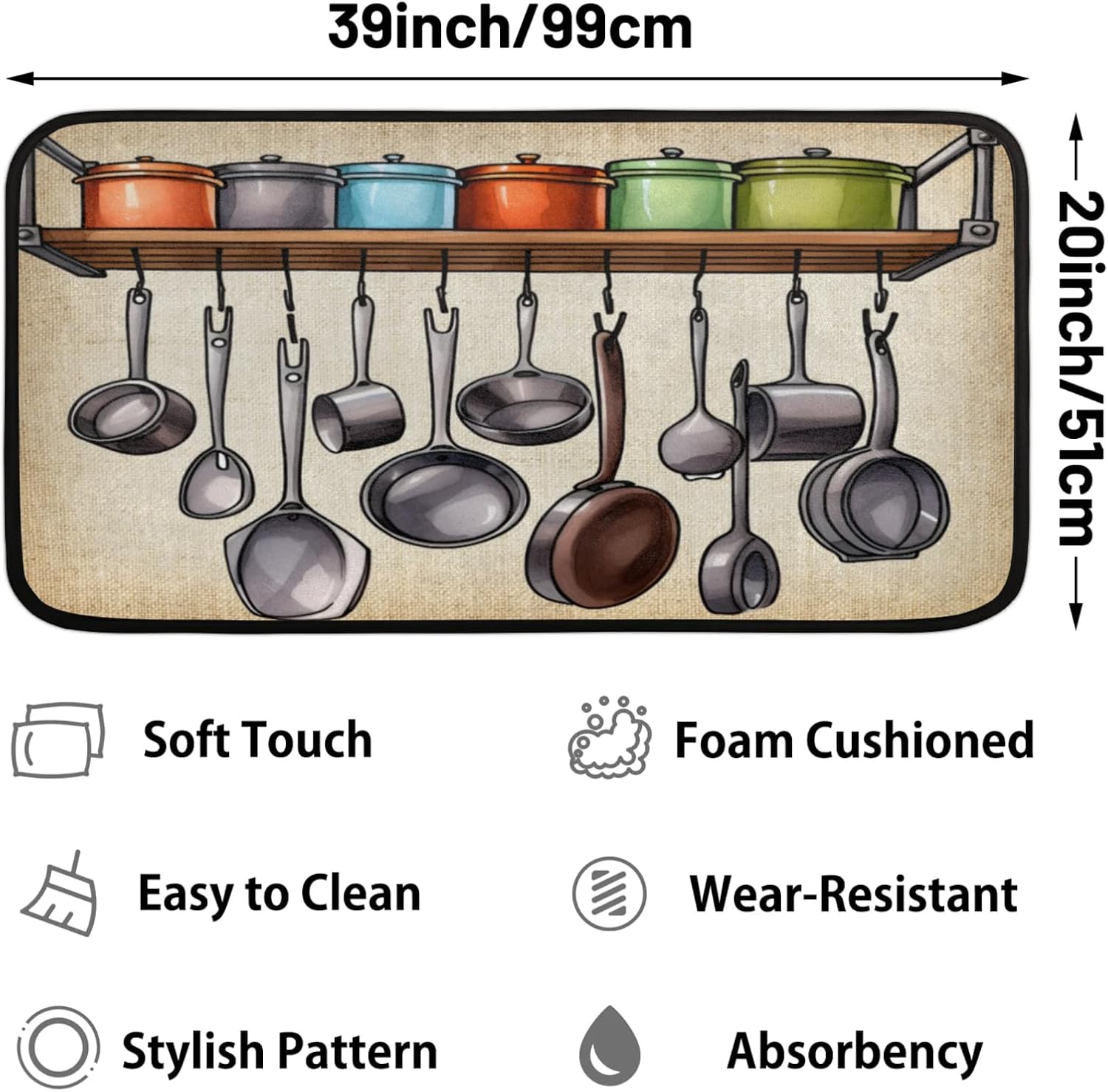 Kitchen Rug Colorful Kitchenware Art Non-Slip Washable Mats Anti Fatigue Soft Absorbent Carpet Welcome Mat for Kitchen,Indoor,Entryway, Sink,Laundry Home Decor