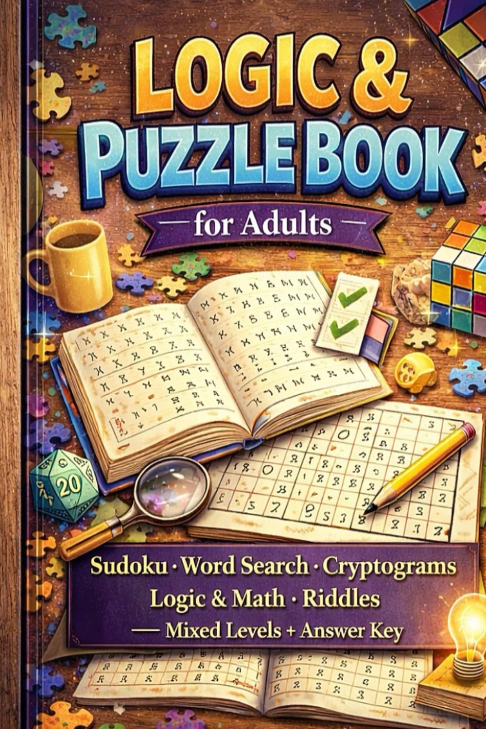 Logic & Puzzle Book for Adults: Sudoku, Word Search, Cryptograms, Logic & Math, Riddles — Mixed Levels + Answer Key