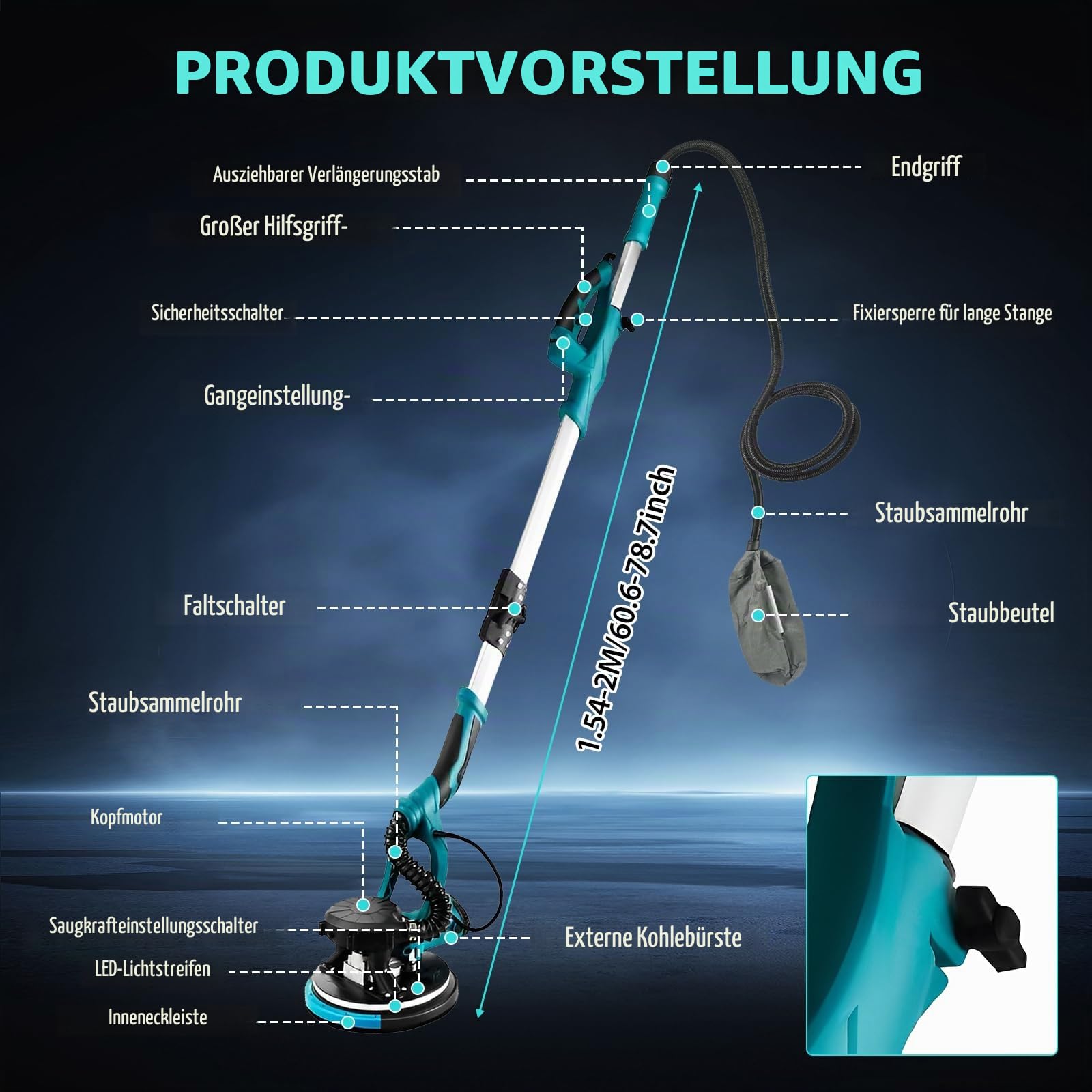 Trockenbauschleifer, 850W Wandschleifer mit Automatischem Vakuumsystem