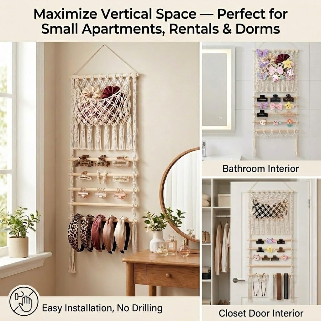 2 Pack Macrame Hair Claw Clip Organizer, Large Capacity Boho Hanging Storage for Scrunchies Hair Ties, Natural Cotton Rope Wall Door Decor for Women Girls
