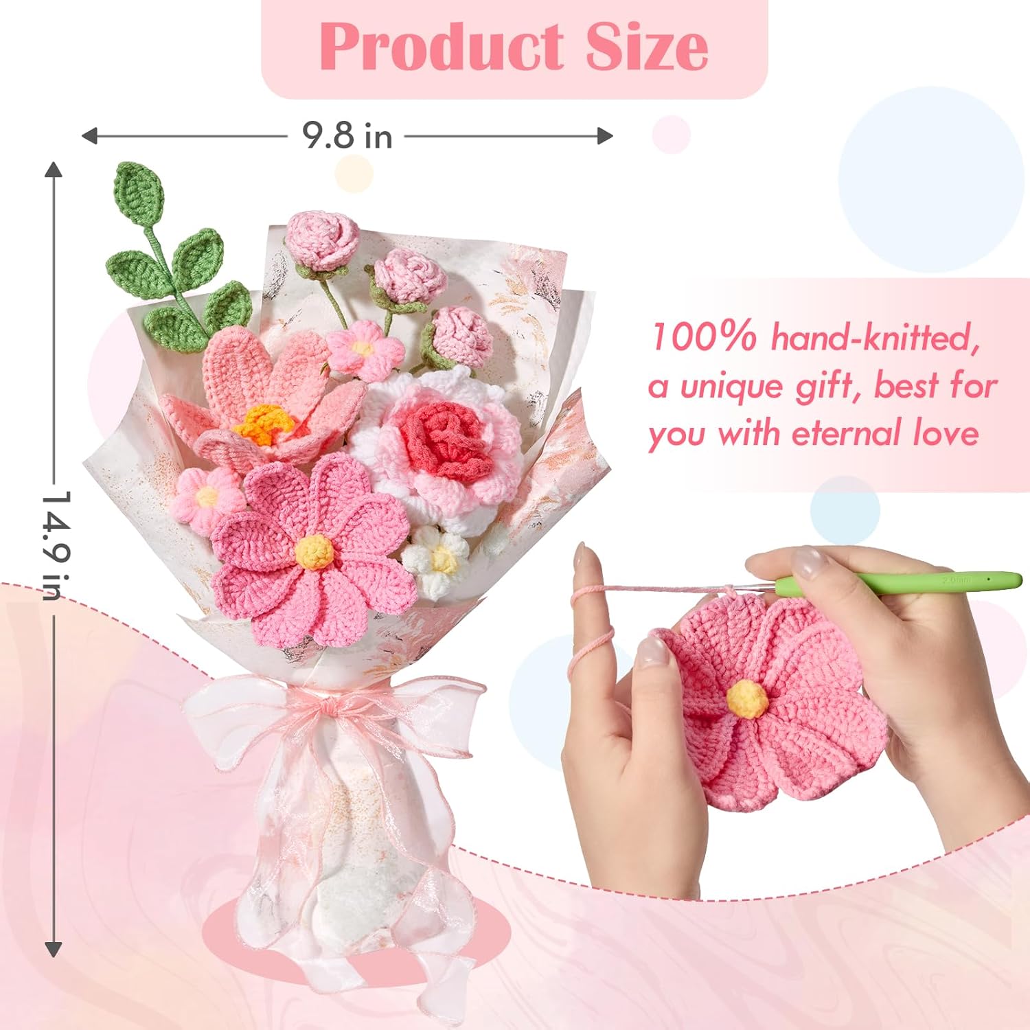 Serwalin Crochet Flower Bouquet, Pink Handmade Knitted Flowers, Crochet Tulips Galsang Flowers for Lover Girlfriend,Wife,Teacher Anniversary Birthday Mother's Day Graduation Gifts(Include Card) - Image 6