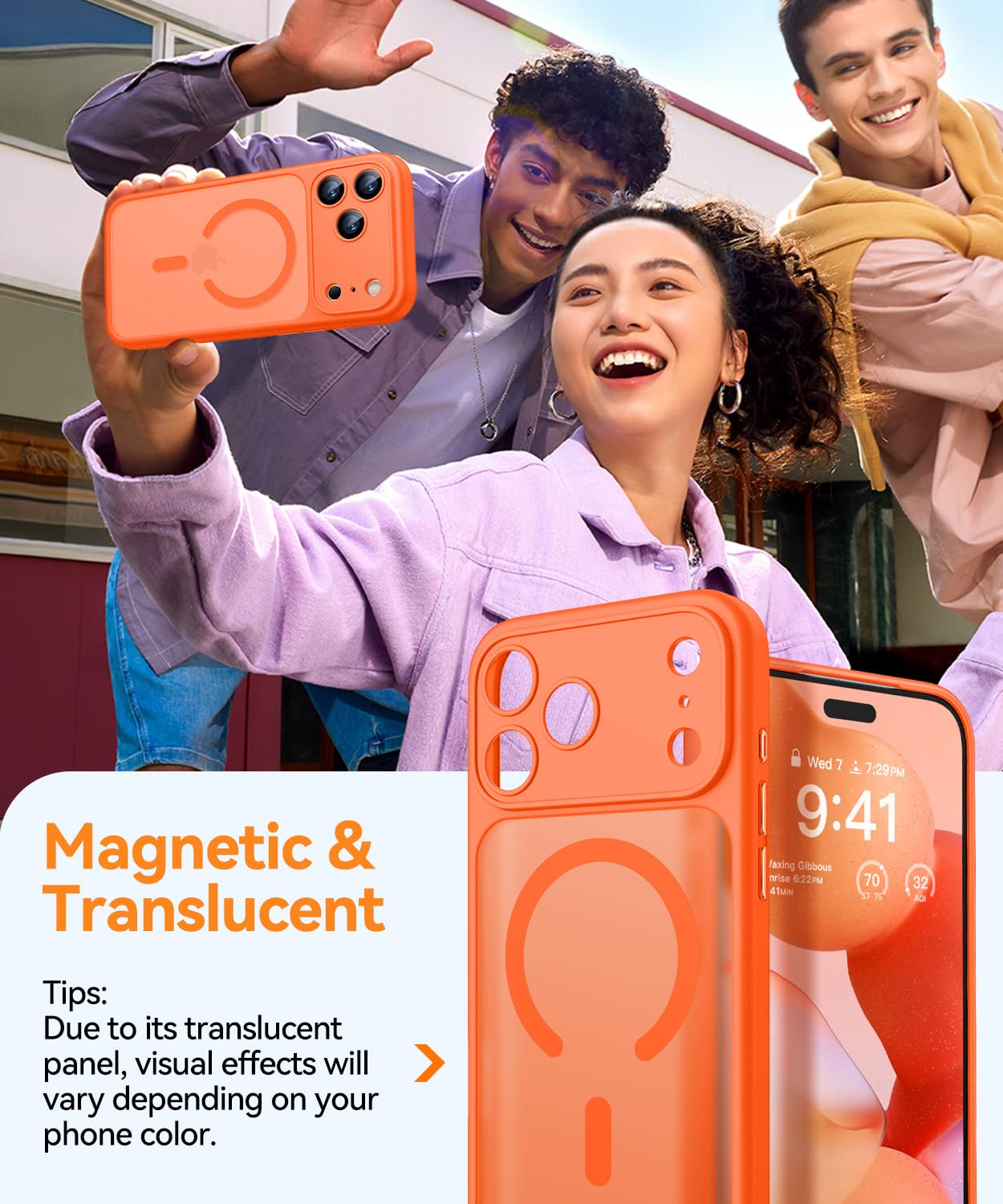 CANSHN Cover Magnetica per iPhone 17 Pro Max(6,9 Pollici), Compatibile con MagSafe, [Protezione Completa Della Fotocamera], Custodia Traslucida Opaca Protettiva Sottile Antiurto,Arancione