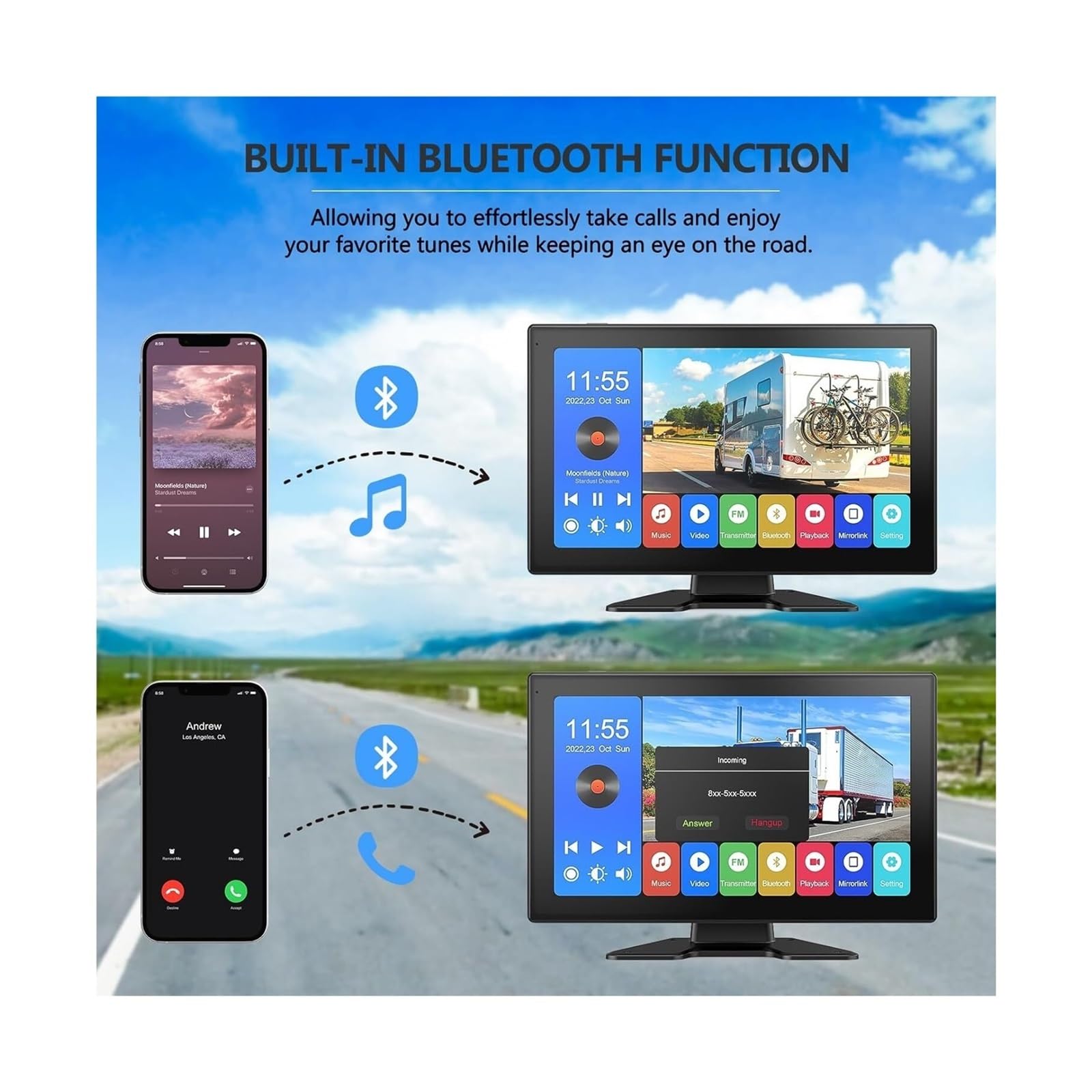 Monitor de pantalla táctil dividida de 10,1 "4k 4CH, cámaras de visión trasera de 1080P, grabación DVR, Bluetooth, música, visión nocturna for camión RV(None)