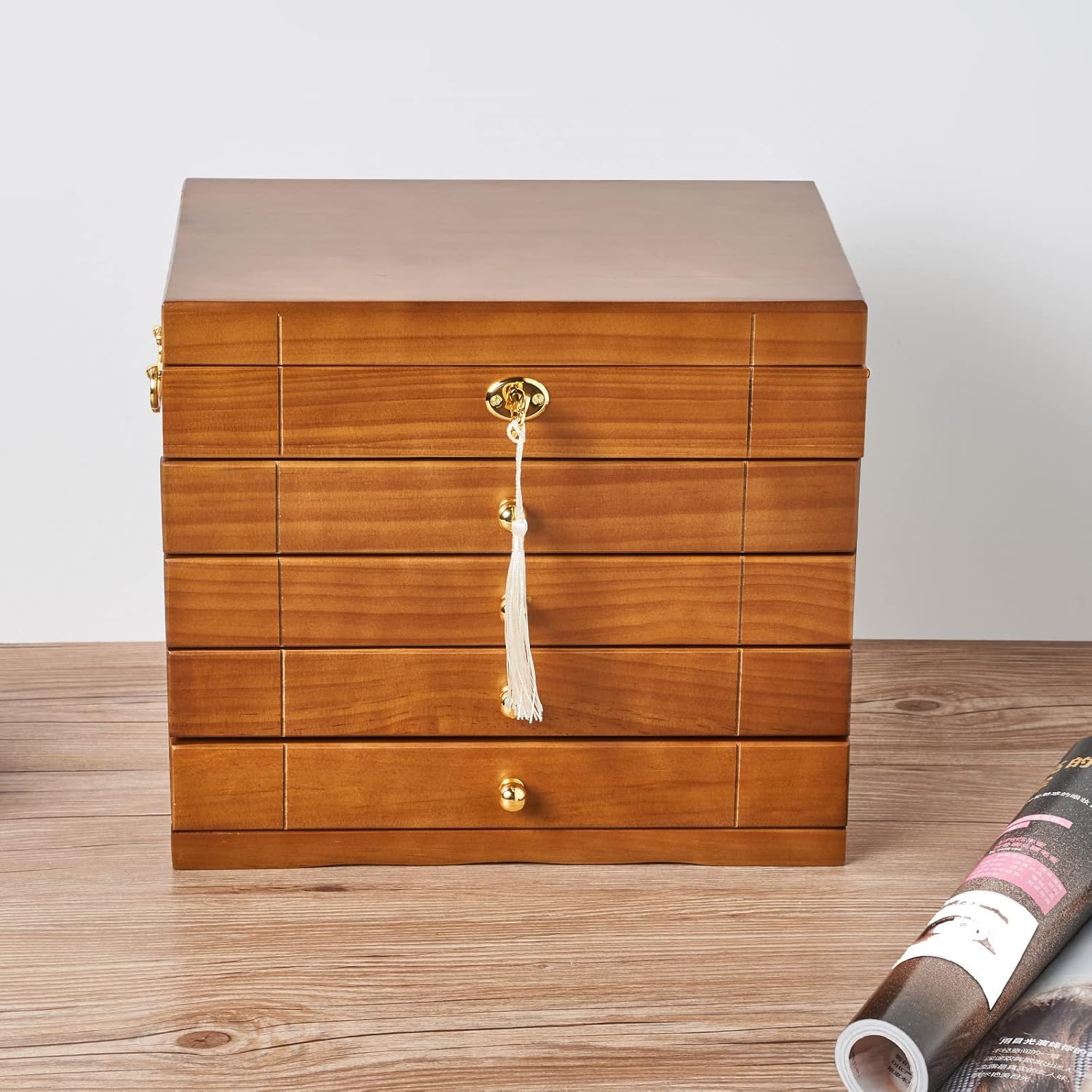 Changsuo Wooden Jewelry Box for Women, Organizer Box of Solild Wood with Combo Lock for Jewelries, Watches, Necklace, Ring, Storage Box (Light Brown)