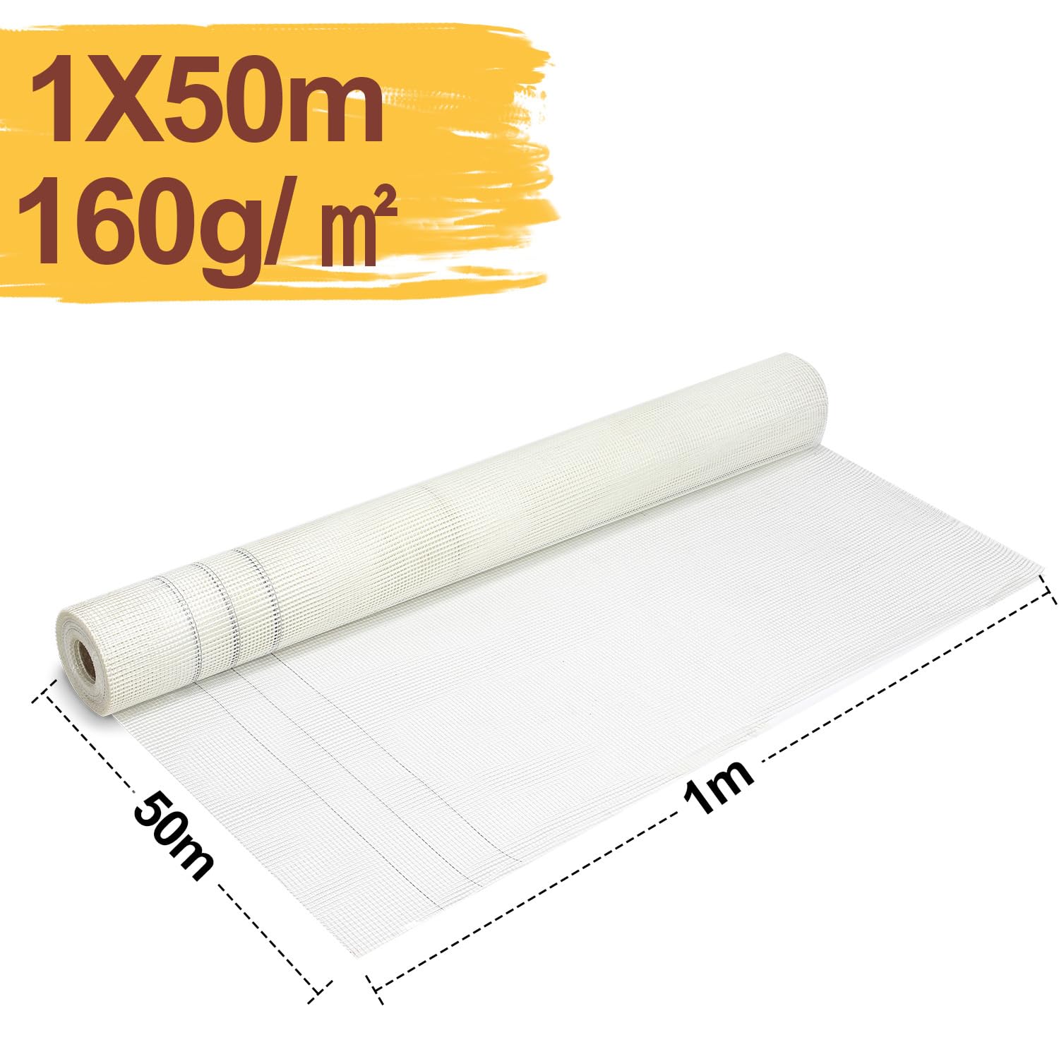 Armierungsgewebe 160 g/m² 1 x 50 m, 4 x 4 mm Glasfasergewebe für Innen- und Außenputz, Putzgewebe für Fassade und WDVS, alkalibeständiges Armierungsgitter, Weiß