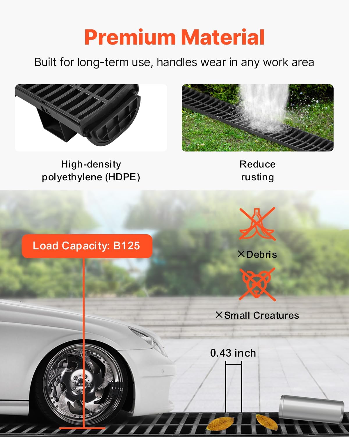 VEVOR Trench Drain System 5 Pack, Channel Drain with Plastic Grate 5.7 x 3.1 in HDPE Drainage Trench, Black Plastic Garage Floor Waterway 5 x 39 in with 5 End Caps for Garden Driveway
