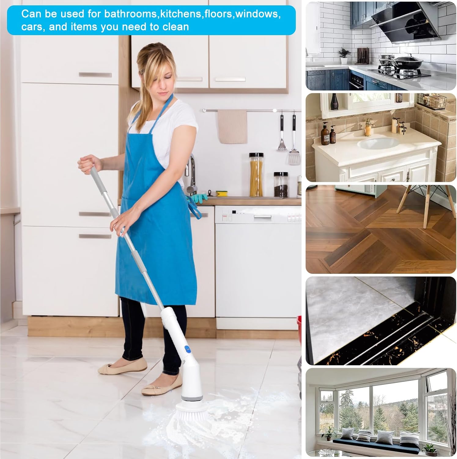 Electric Spin Scrubber, Cordless Cleaning Brush with 6 Replaceable Brush Heads, Adjustable Extension Handle, Power Cleaning Brush for Bathroom, Kitchen, Car, Tile, Wall, Tub and Floor (White)