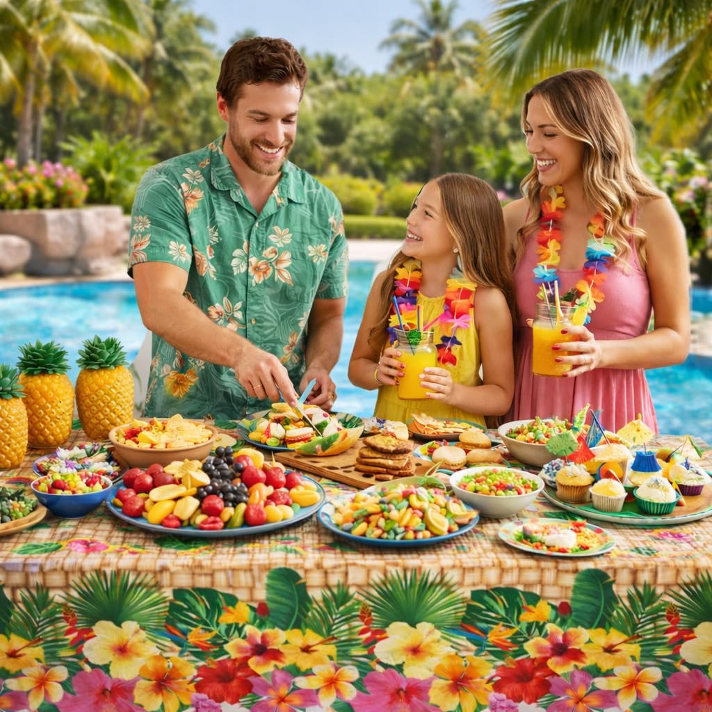 3 Pack 54 x 108 Inch Tropical Hibiscus Flowers Plastic Tablecloth – Disposable Rectangle Table Covers for Hawaiian Luau, Pool Beach Aloha Parties, Summer BBQ, and Luau Themed Birthday Decorations