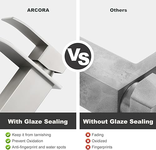 Miniatura 5 de Grifo de baño en cascada de níquel cepillado ARCORA Grifo mezclador de lavabo de baño de un solo orificio con líneas de suministro y drenaje