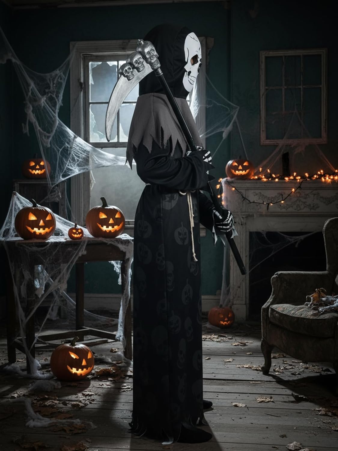 Valcatch Grim Reaper Costume Kids Boys Halloween Costumes Scary Ghost Costume with Black Cape,Scythe,Skull Mask & Gloves - Image 4