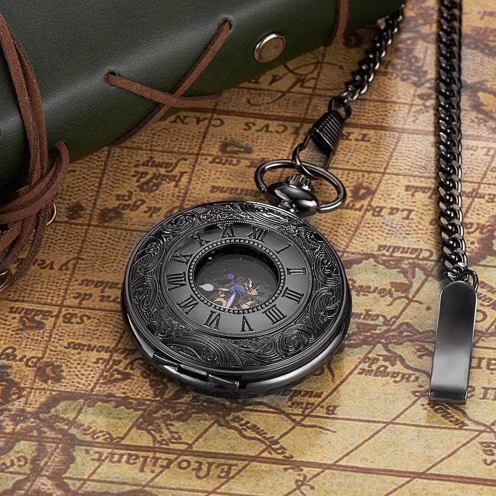 Mechanische römische Ziffernzifferblatt Skeleton Taschenuhren mit Ketten für Herrenfrauen